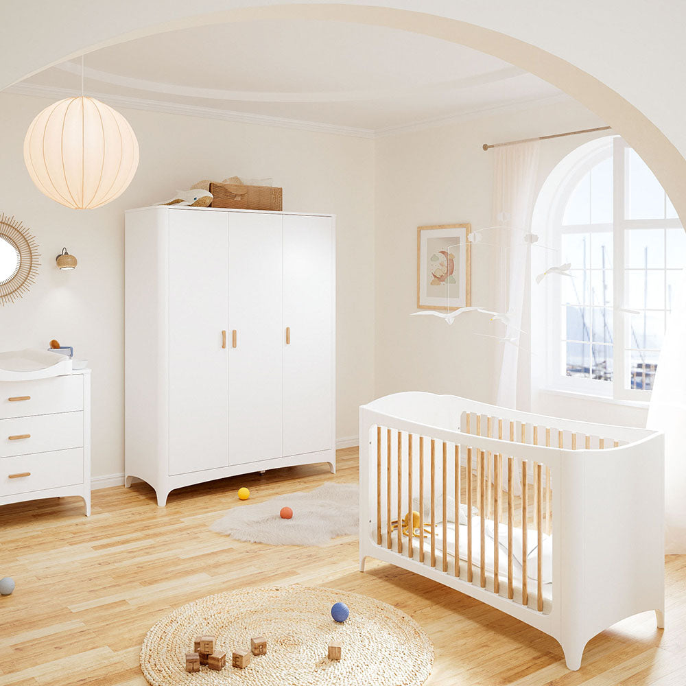 Room with NEREE LIT Bed 60X120 - Neige, wardrobe, and dresser in a bright room.