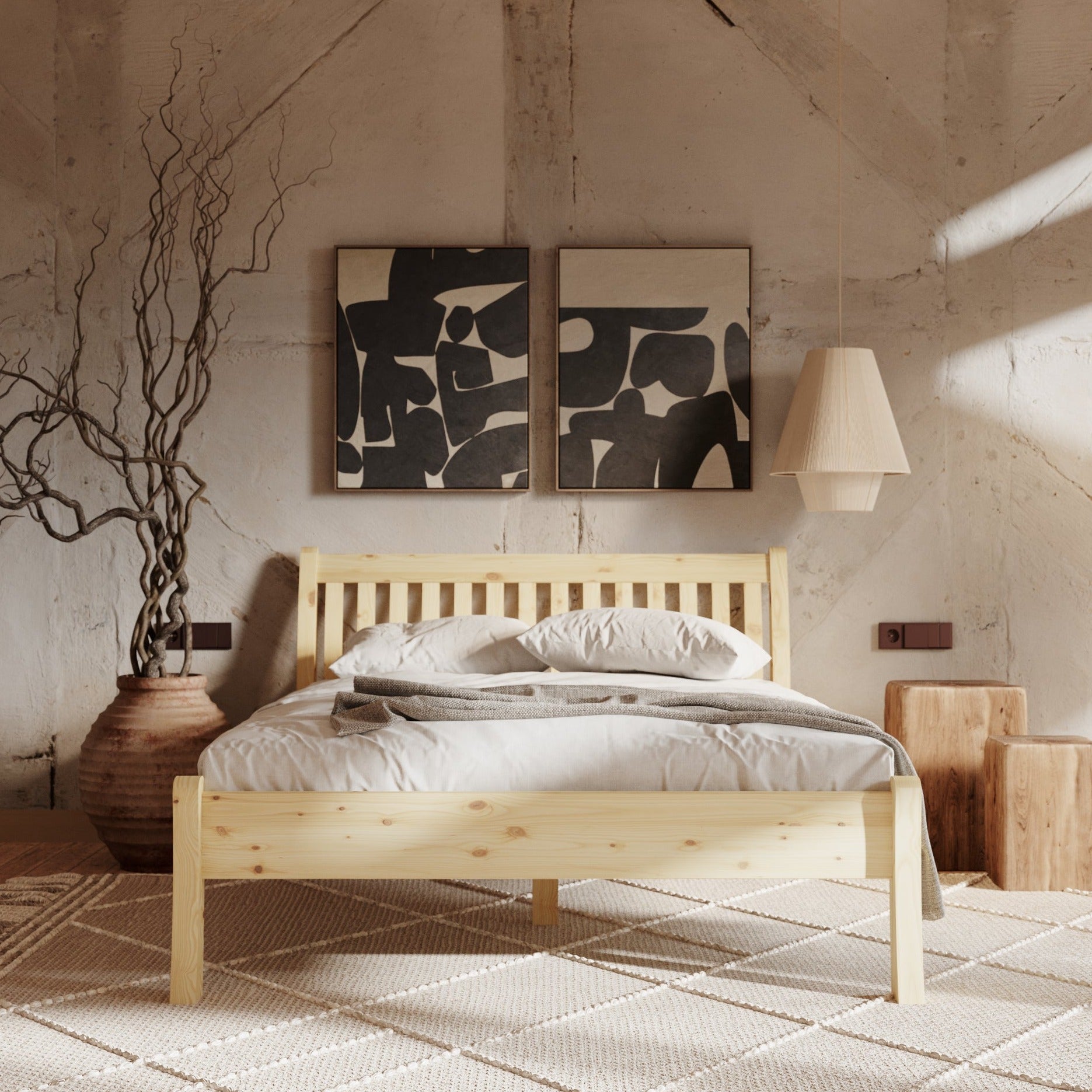 TONJA Double Bed Lacquered Pine Interior