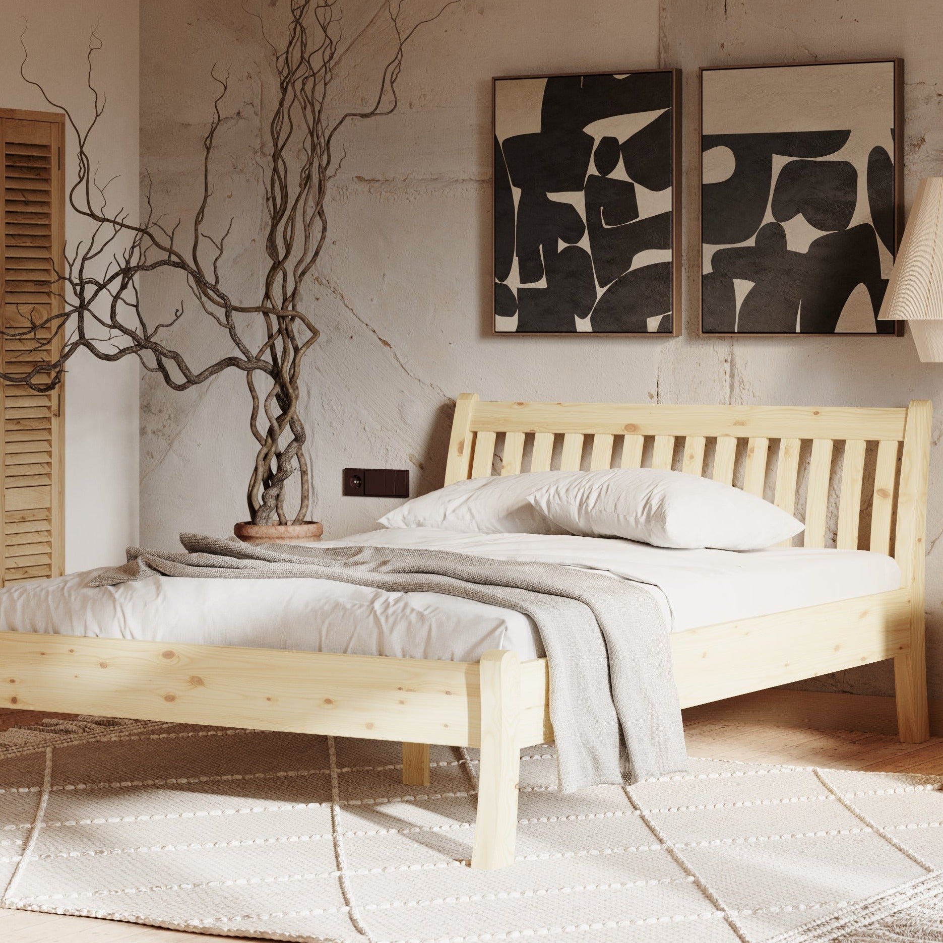 TONJA Double Bed Lacquered Pine Interior