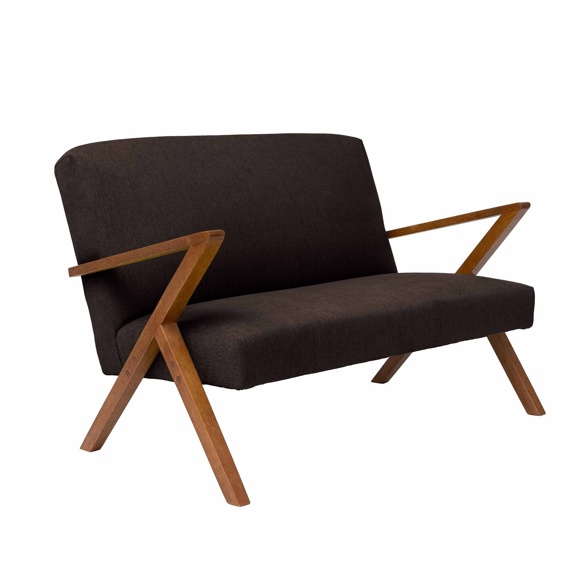  2-Seater Sofa, Beech Wood Frame, Walnut Colour brown fabric, half-side view