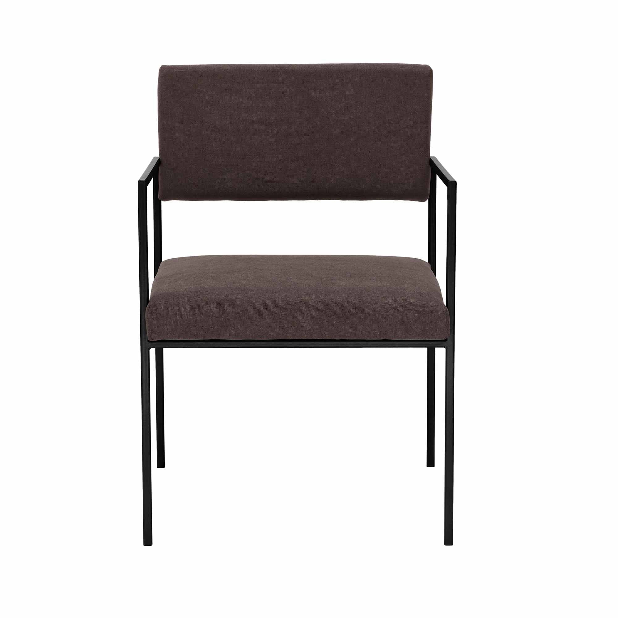 CUBE Armchair, Powder-Coated Steel Frame front view brown fabric, black frame
