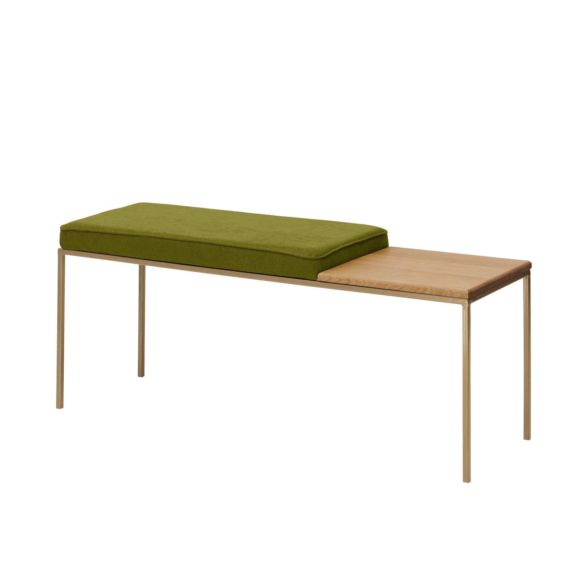 Oak Wood Seat, Natural Colour green fabric, yellow frame, half-side view