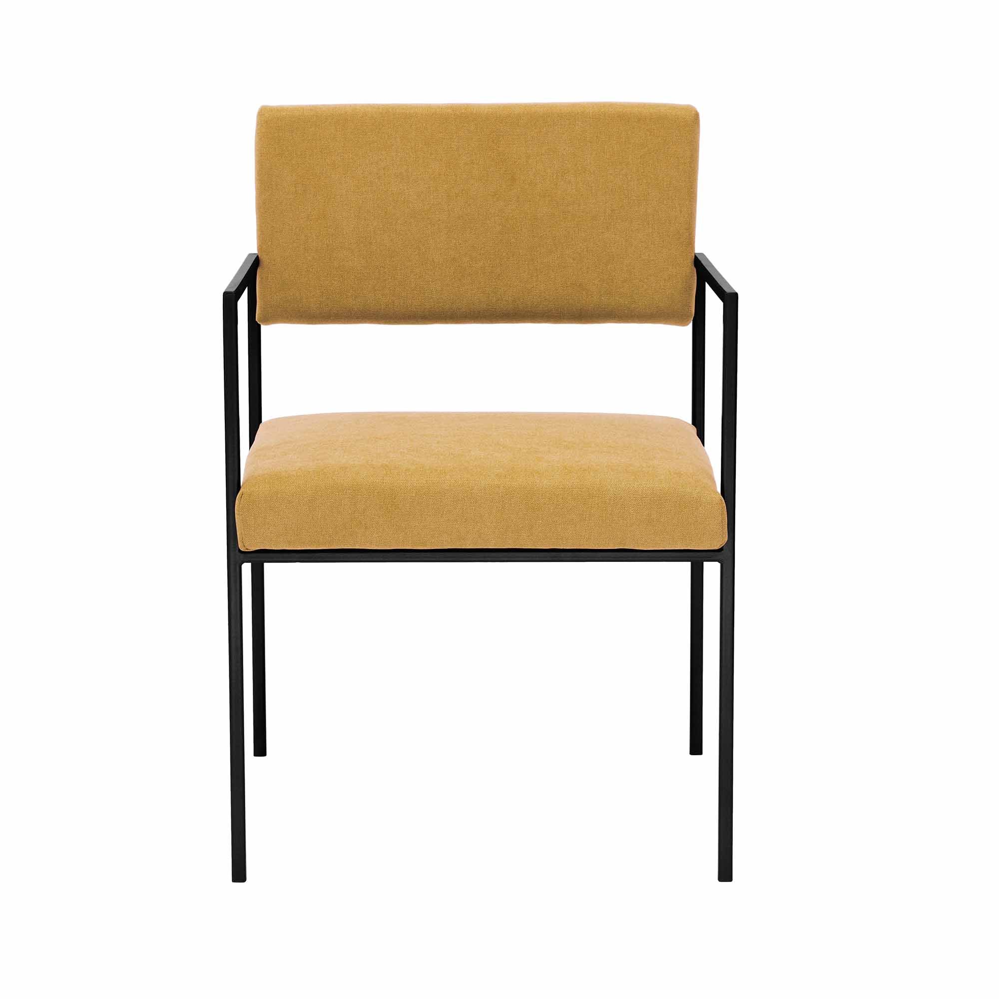 CUBE Armchair, Powder-Coated Steel Frame front view yellow fabric, black frame