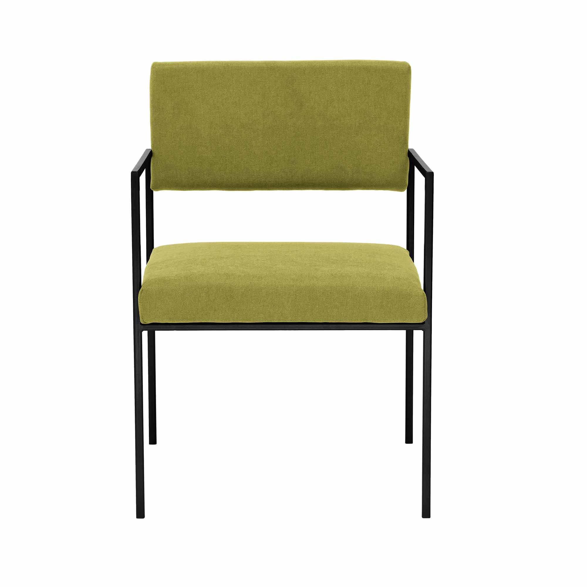 CUBE Armchair, Powder-Coated Steel Frame front view green fabric, black frame