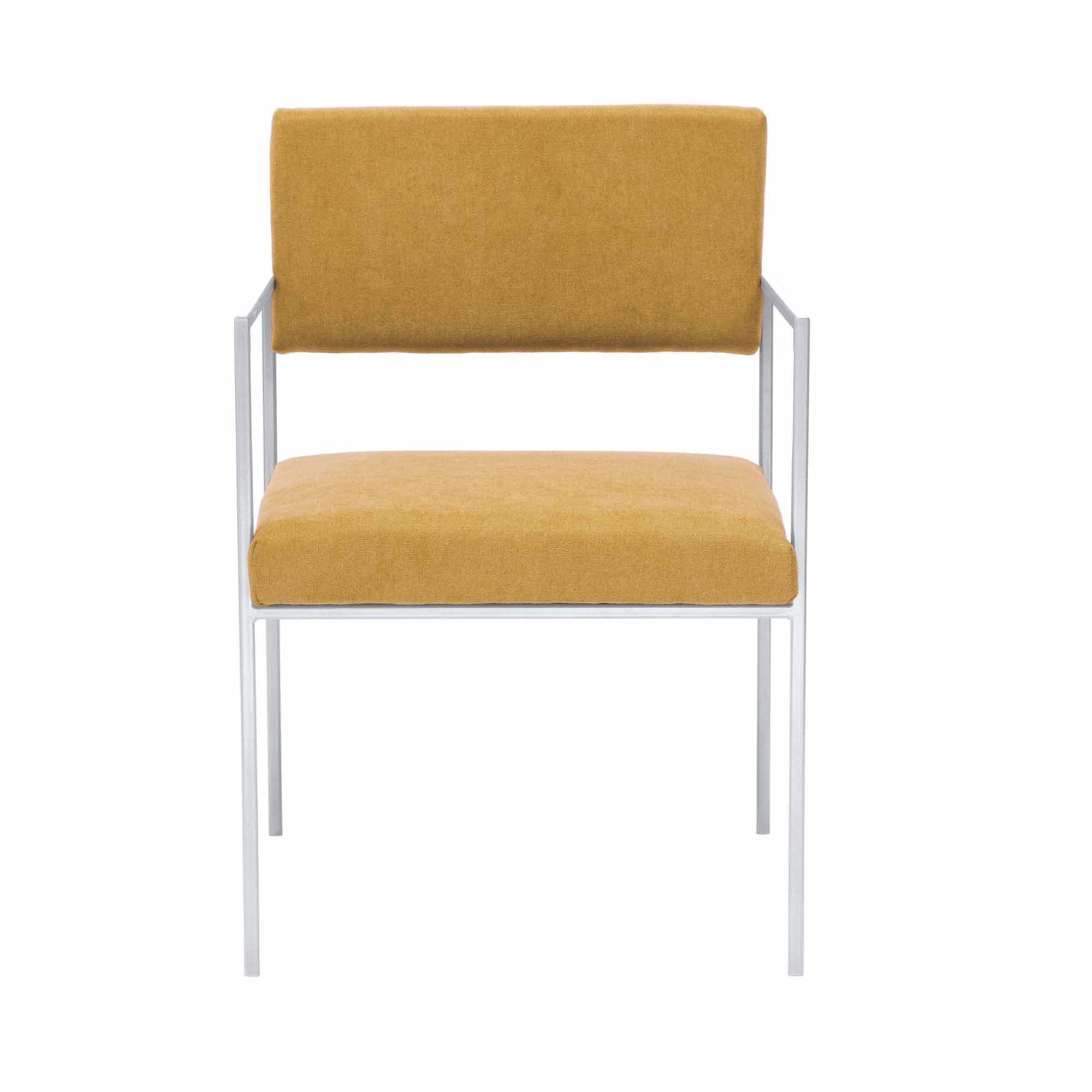 CUBE Armchair, Powder-Coated Steel Frame yellow fabric, white frame, front view