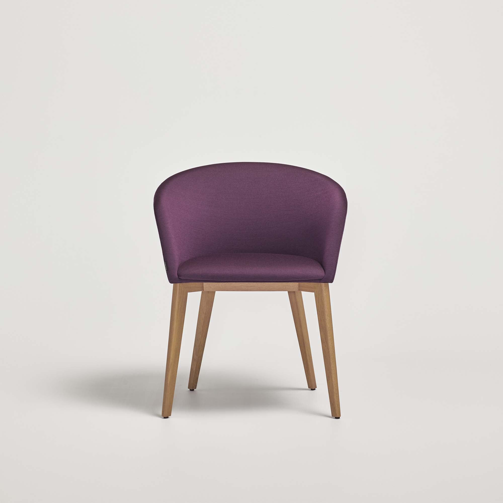 MOON Chair oak wood chair, dark natural colour, purple fabric upholstery, front view
