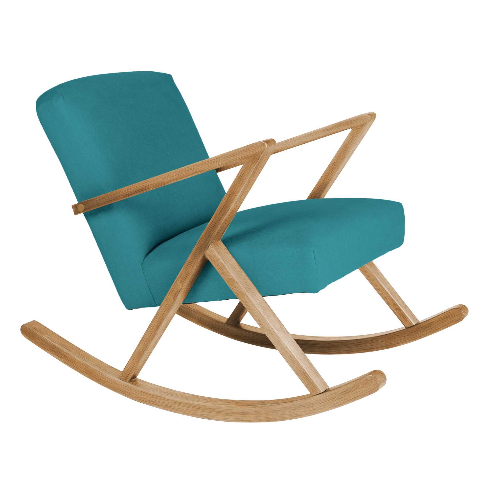 Rocking Chair, Oak Wood Frame, Natural Colour blue fabric, left-side view