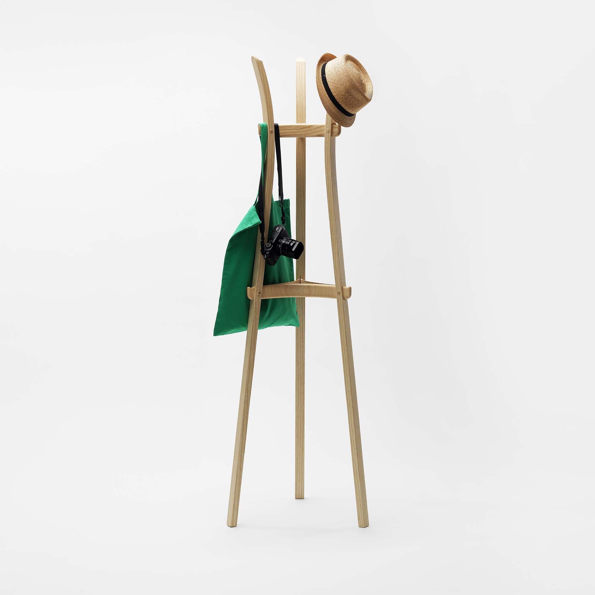 LEEK COAT STAND By Mentsen Ash Natural front view with hat and bag