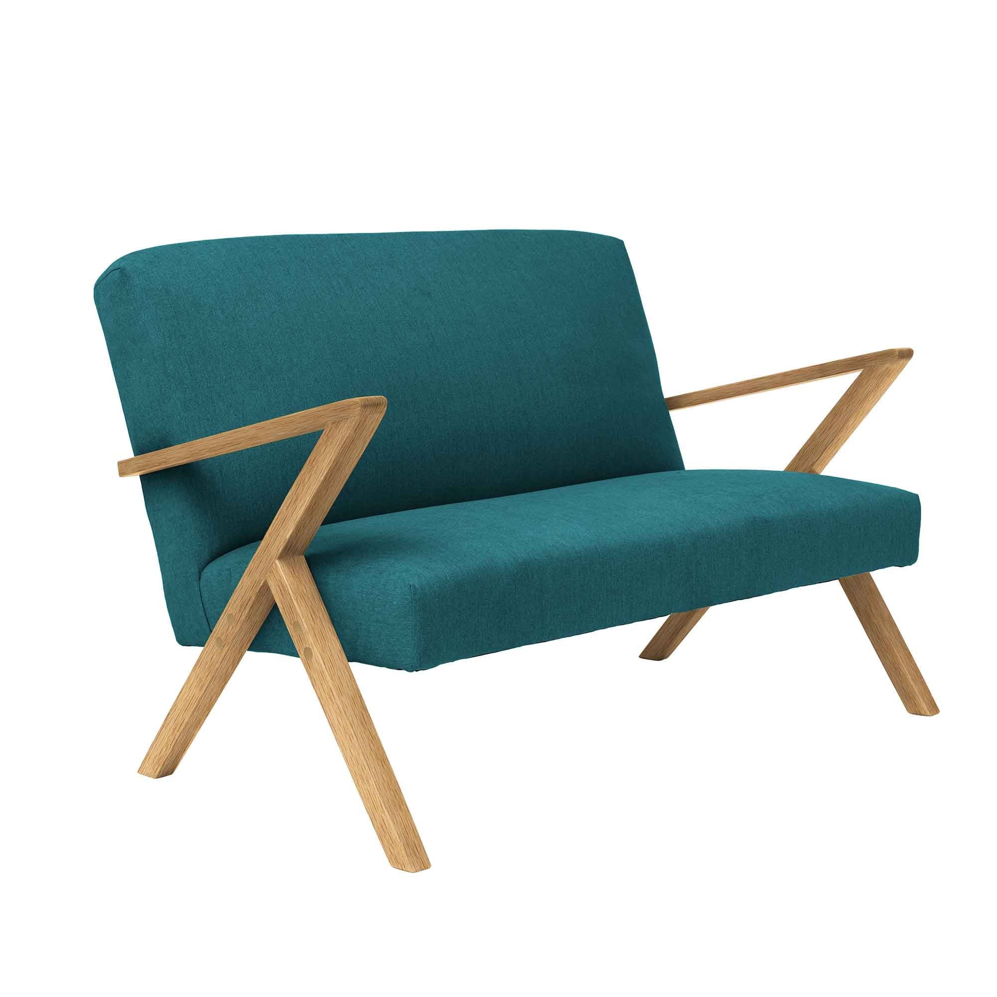  2-Seater Sofa, Oak Wood Frame, Natural Colour blue fabric, half-side view