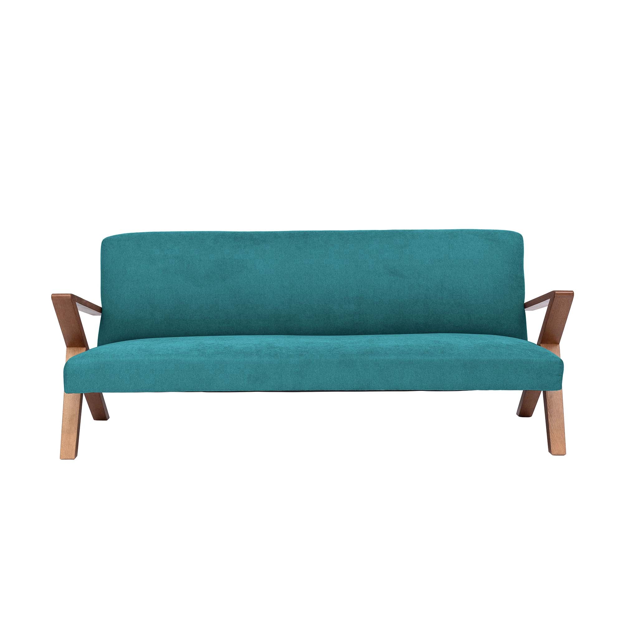  4-seater Sofa Beech Wood Frame, Walnut Colour blue fabric, front view