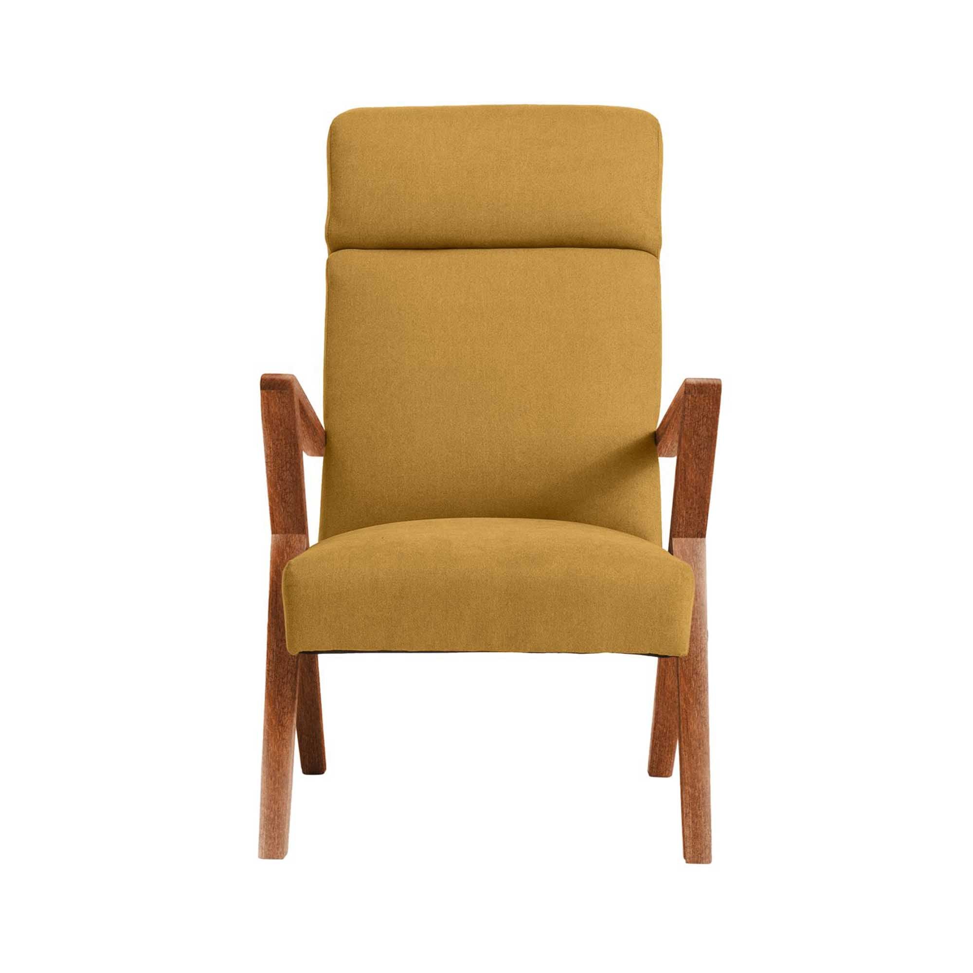 Lounge Chair, Beech Wood Frame, Walnut Colour yellow fabric, front view