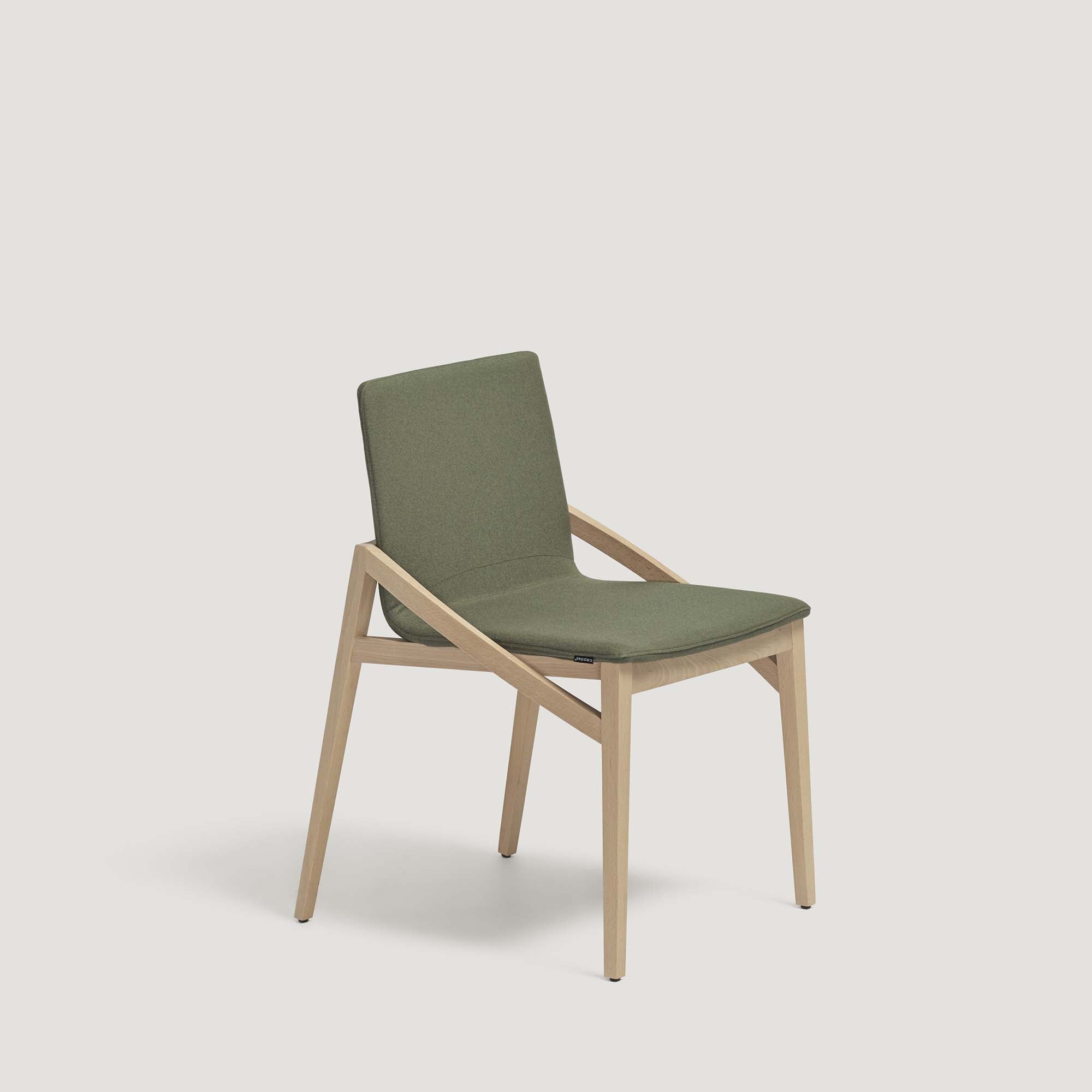 CAPITA Chair beech wood, green fabric upholstery, half-side view