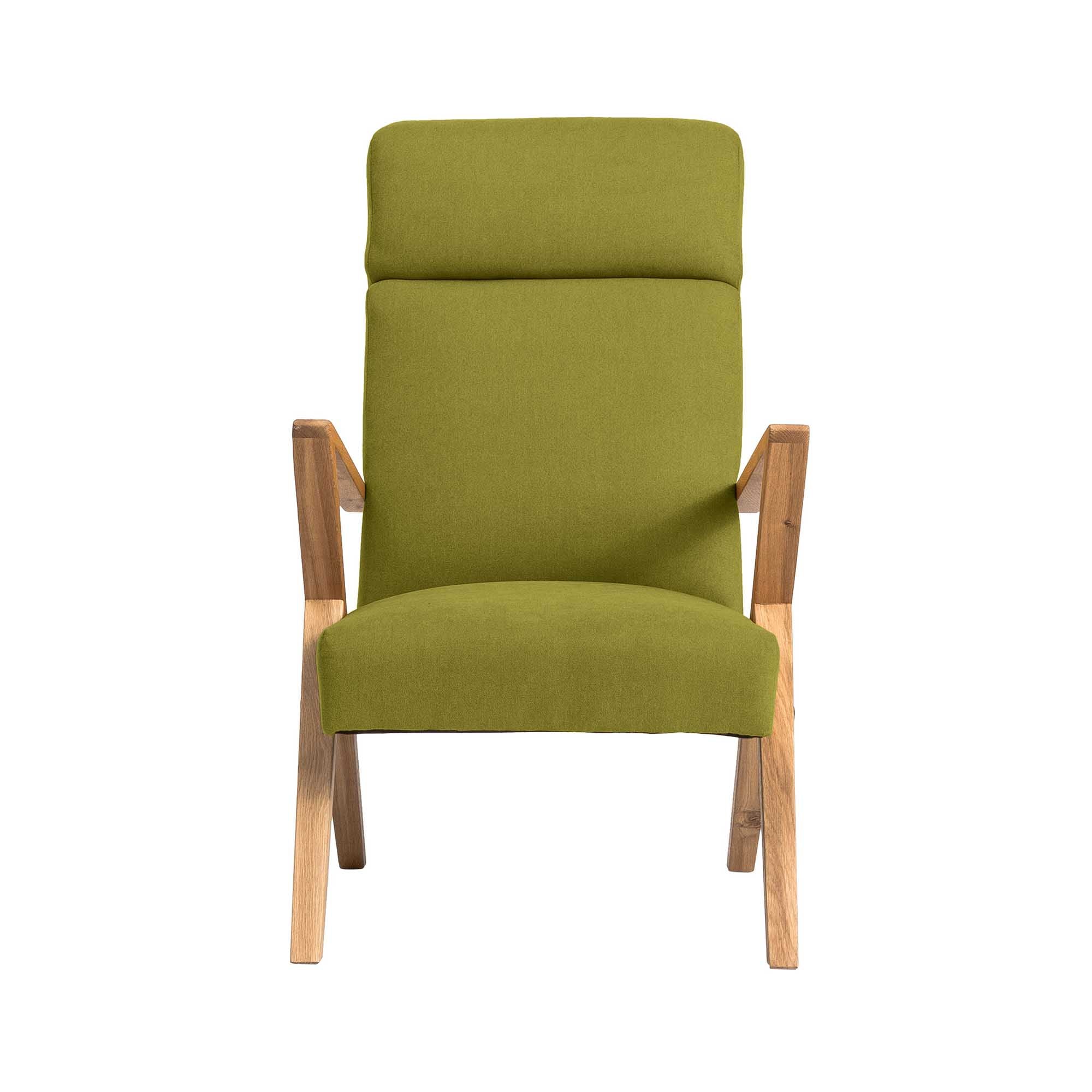 Lounge Chair, Oak Wood Frame, Natural Colour green fabric, front view