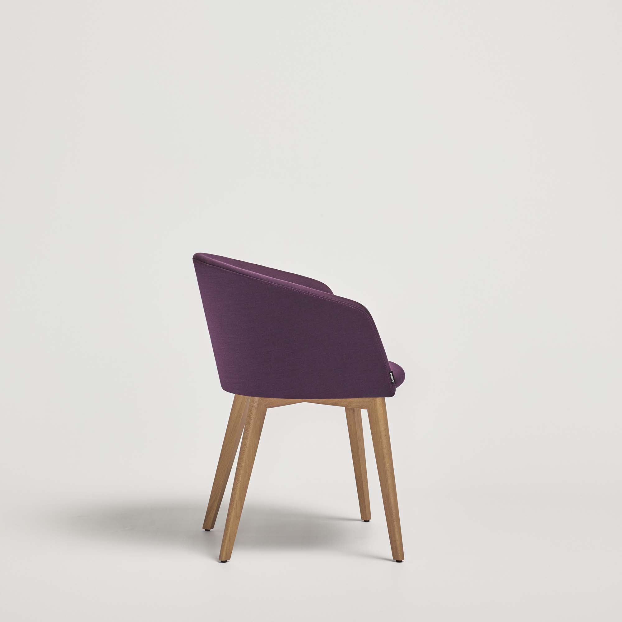 MOON Chair oak wood chair, dark natural colour, purple fabric upholstery side view
