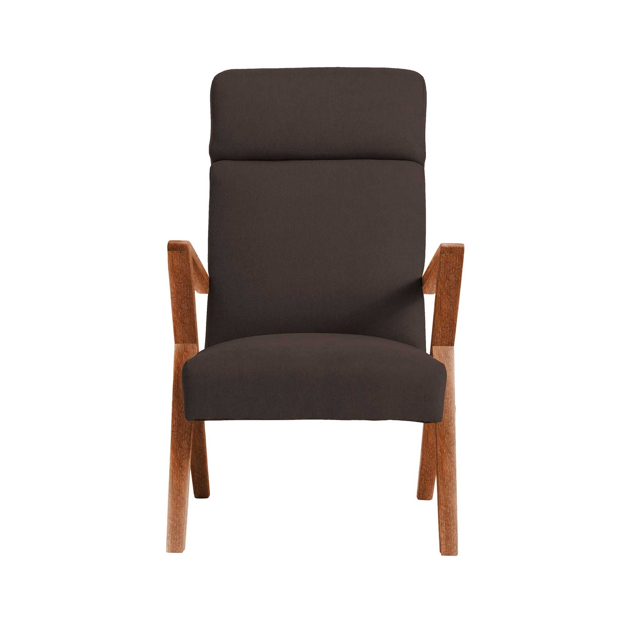 Lounge Chair, Beech Wood Frame, Walnut Colour brown fabric, front view