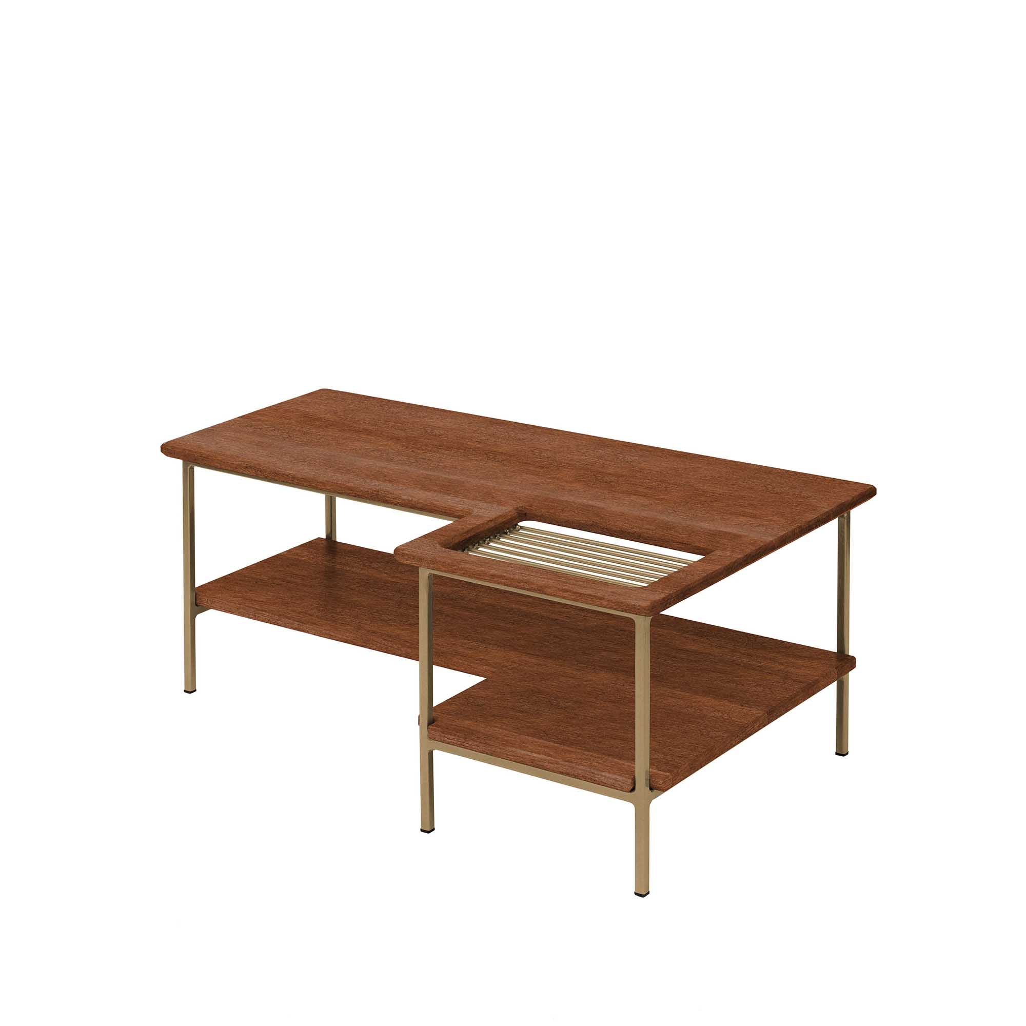 Living Room Table, Beech Wood, Walnut Colour yellow frame, half-side view