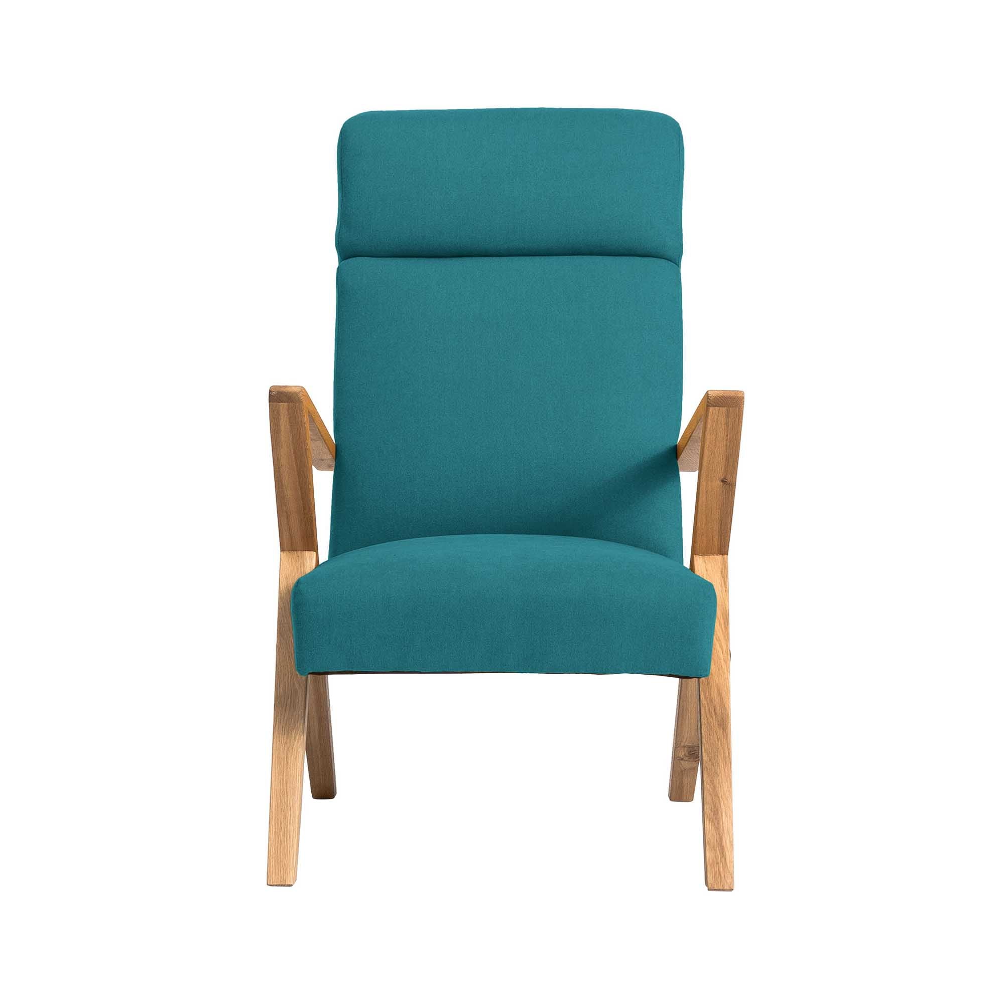 Lounge Chair, Oak Wood Frame, Natural Colour blue fabric, front view