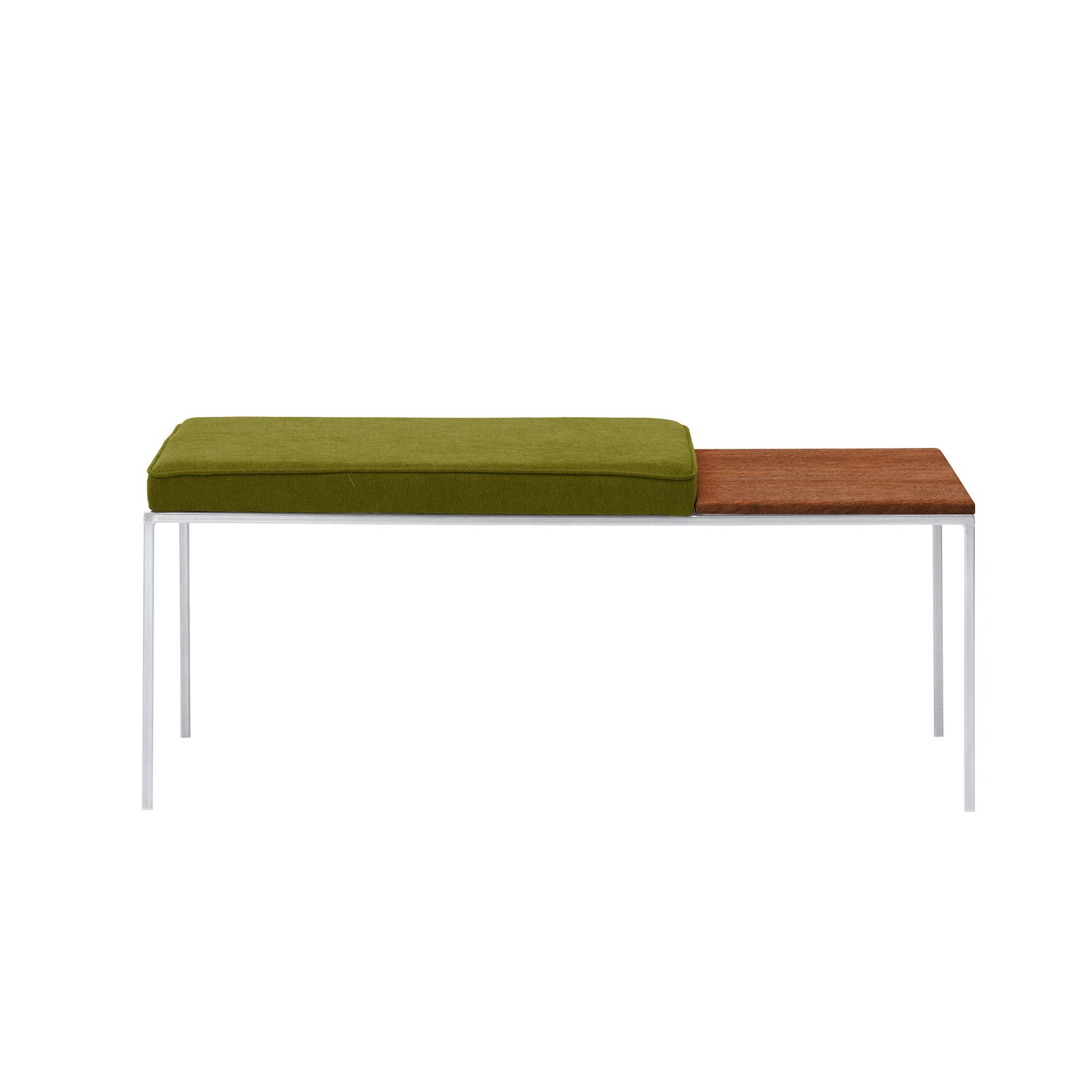 Beech Wood Seat, Walnut Colour, white frame, front view, green fabric