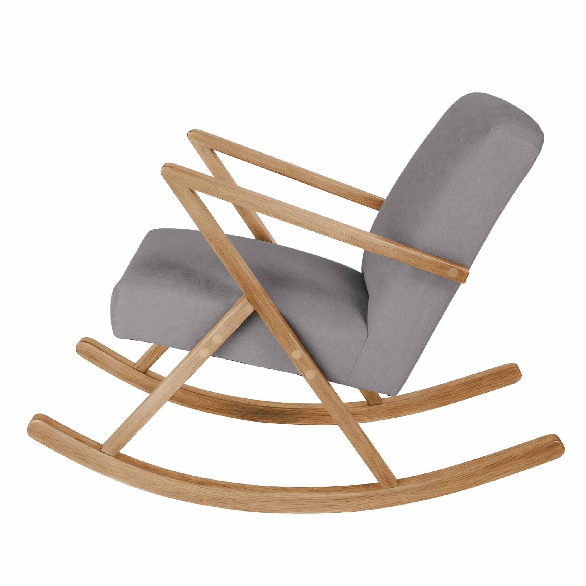 Rocking Chair, Oak Wood Frame, Natural Colour grey fabric, left-side view