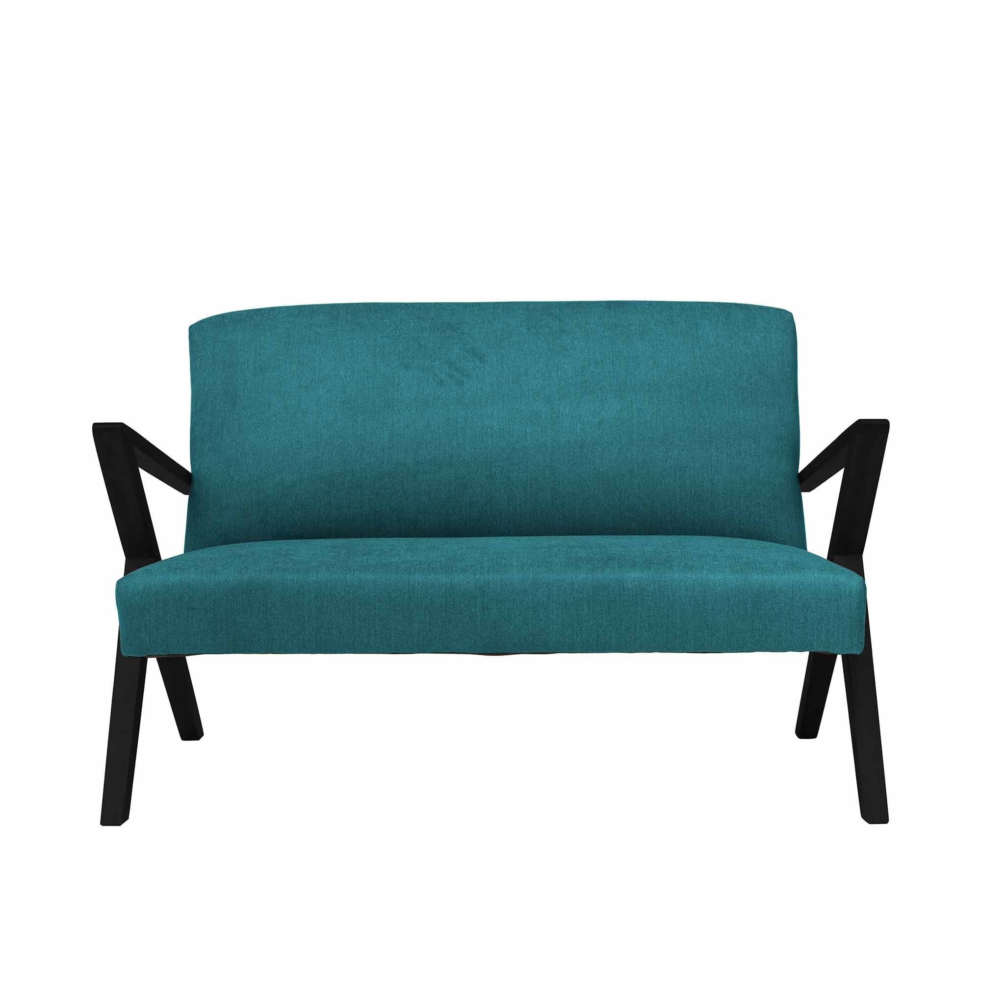 2-Seater Sofa, Beech Wood Frame, Black Lacquered blue fabric, front view