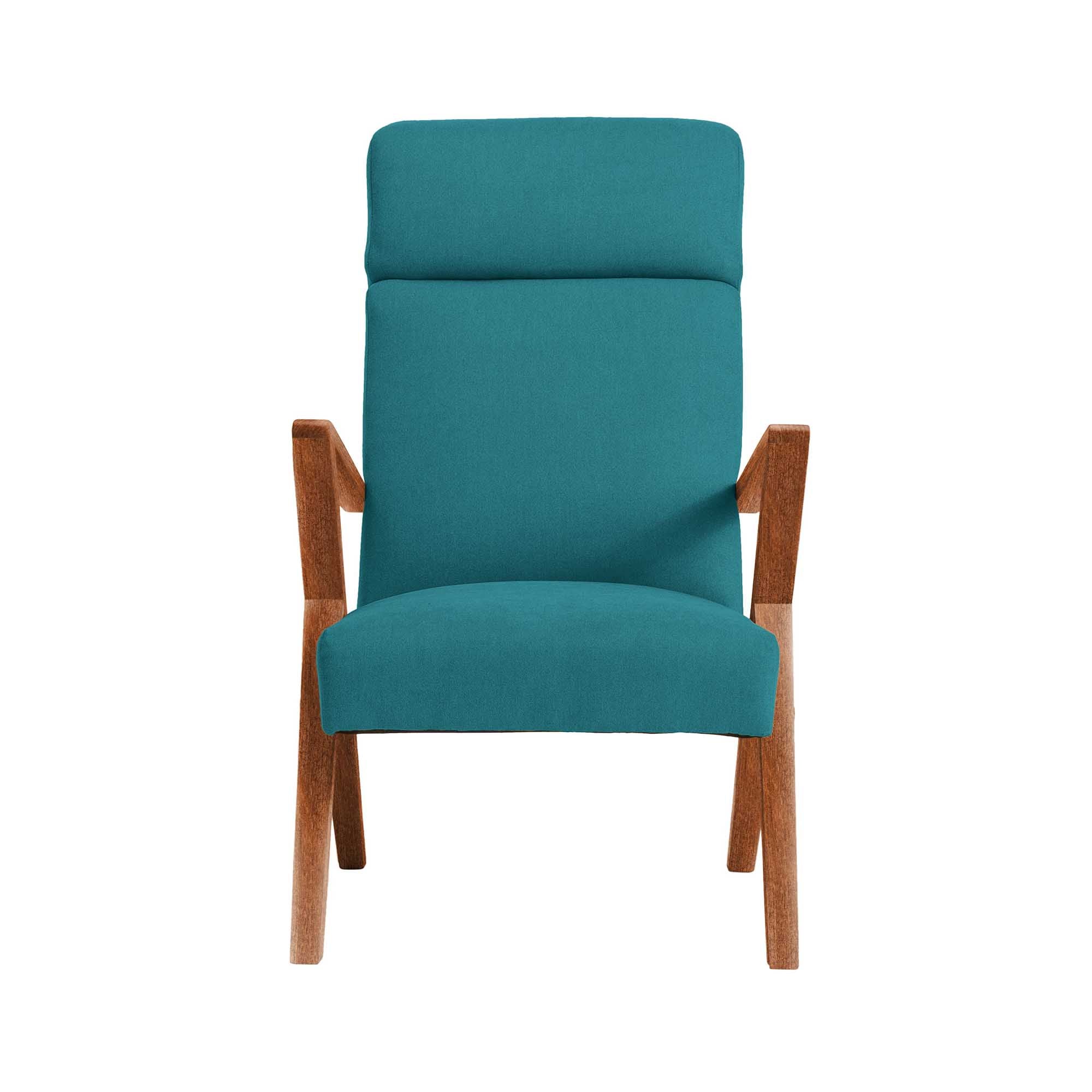 Lounge Chair, Beech Wood Frame, Walnut Colour blue fabric, front view