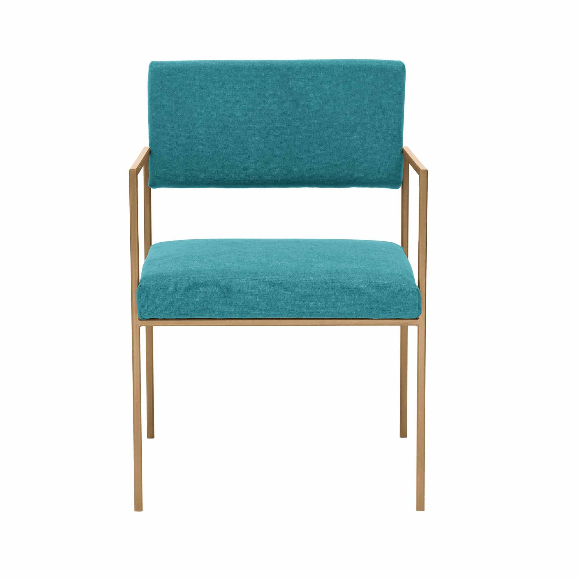 CUBE Armchair, Powder-Coated Steel Frame front view blue fabric, yellow frame