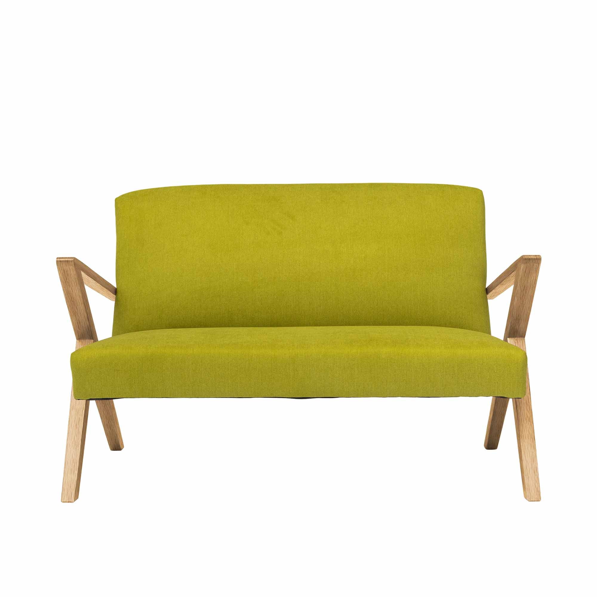 2-Seater Sofa, Oak Wood Frame, Natural Colour green fabric, front view