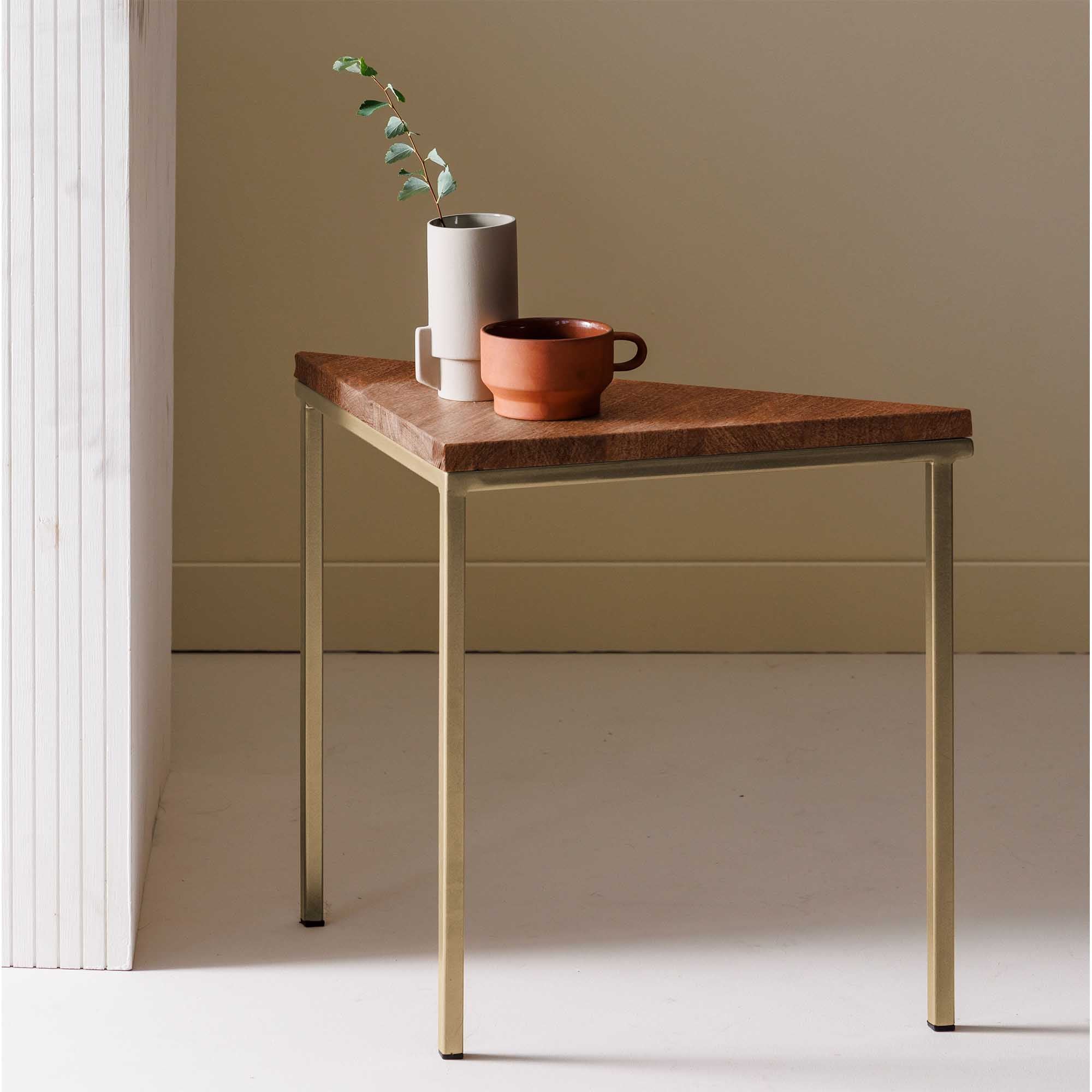 Tripod Table, Beech Wood, Walnut Colour yellow frame, interior side view with vase and mug