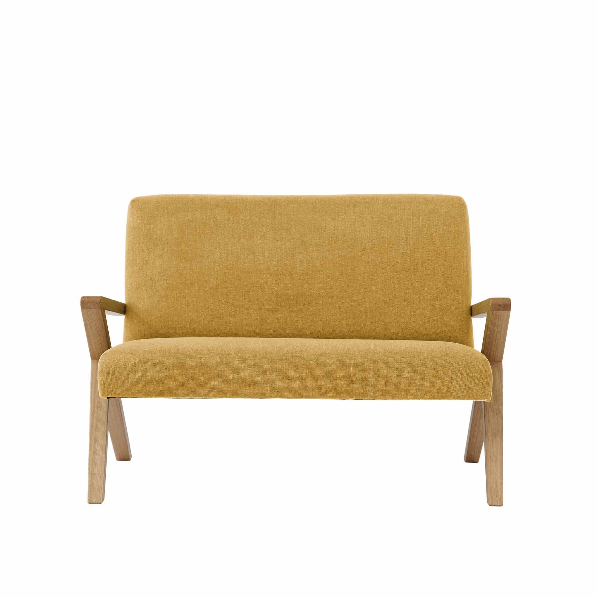 KIDS RETROSTAR 2-Seater Sofa, Oak Wood Frame, Natural yellow fabric, front view