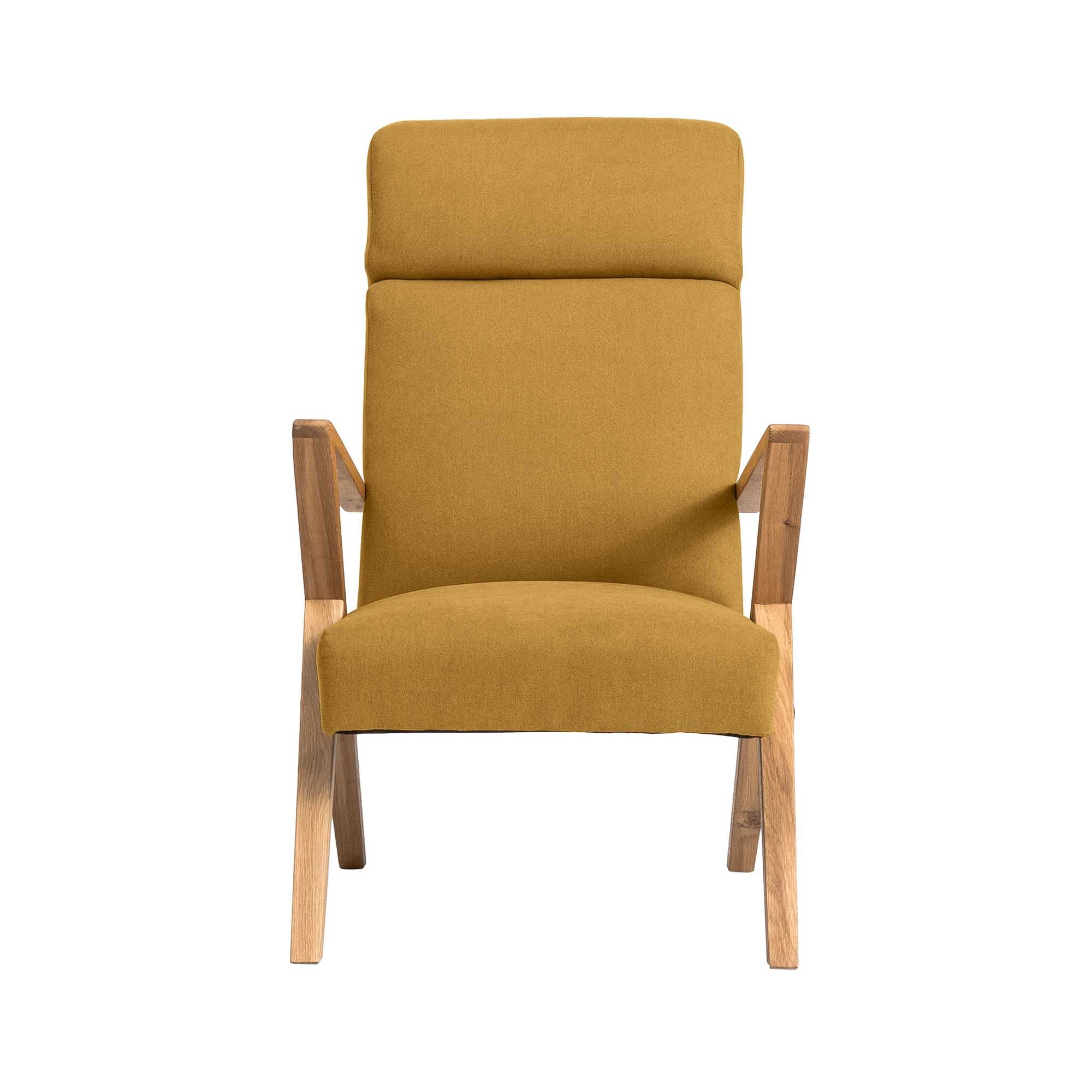 Lounge Chair, Oak Wood Frame, Natural Colour yellow fabric, front view