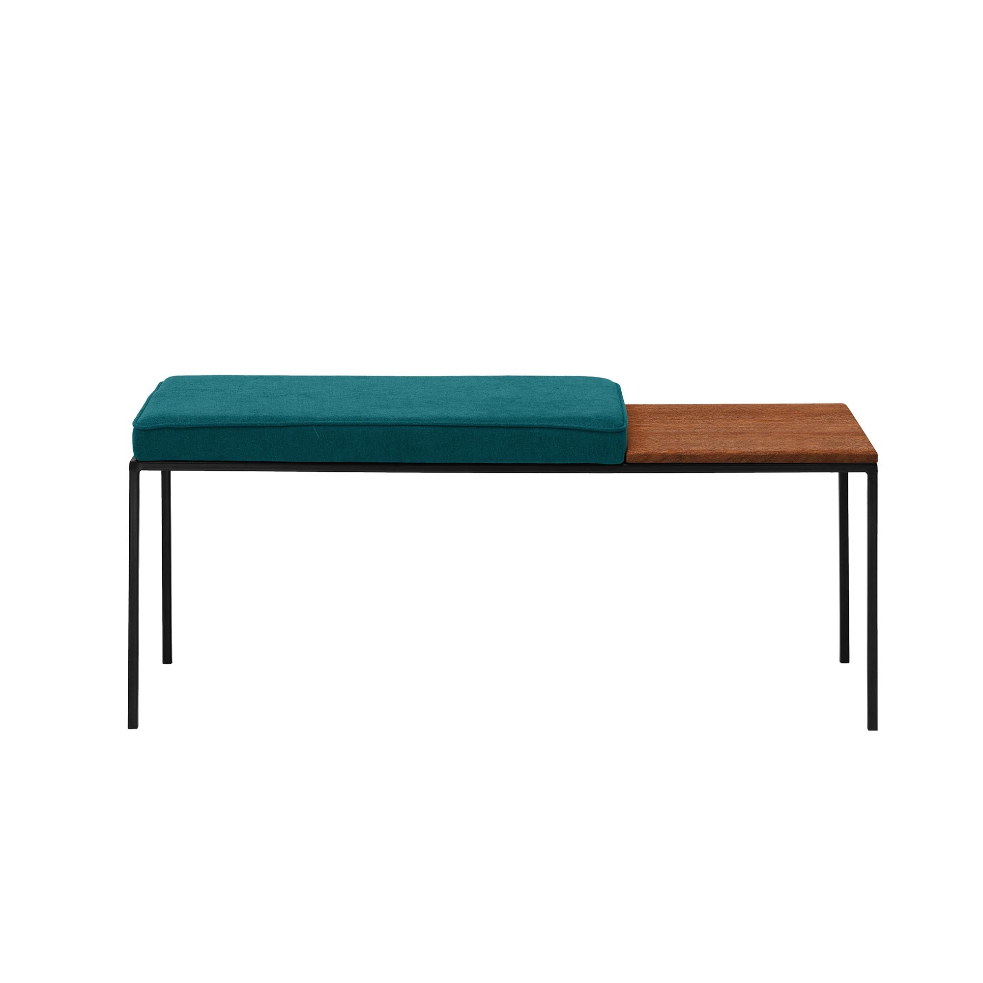 Beech Wood Seat, Walnut Colour blue fabric, black frame, front view