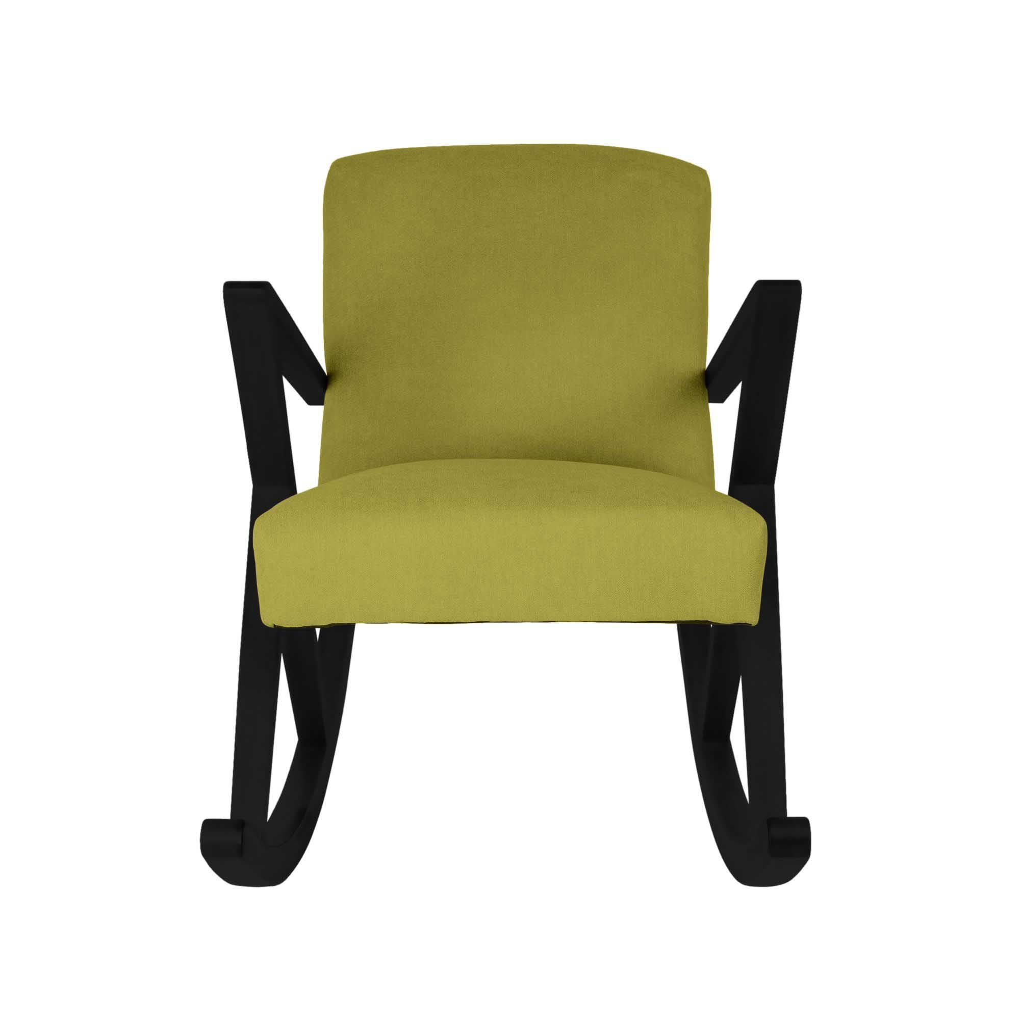 Rocking Chair, Beech Wood Frame, Black Lacquered green fabric, front view