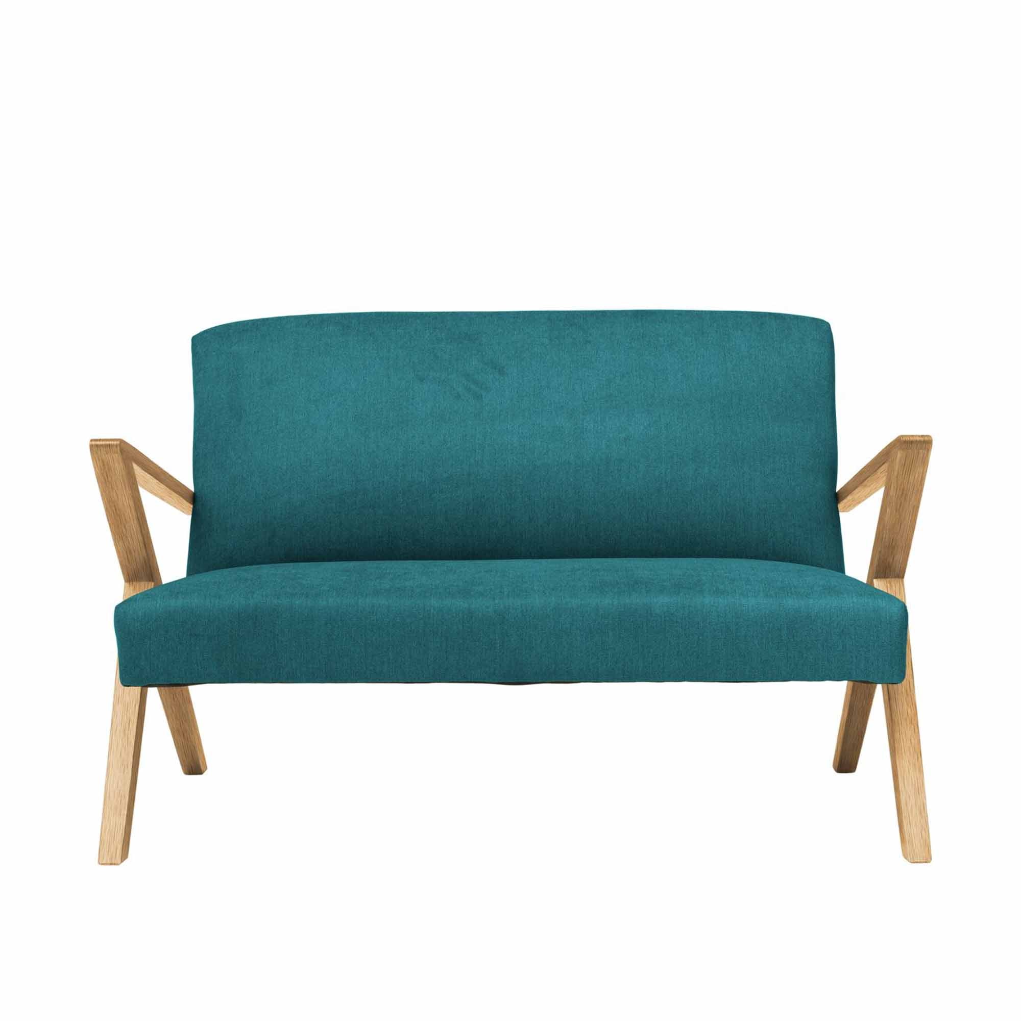  2-Seater Sofa, Oak Wood Frame, Natural Colour blue fabric, front view