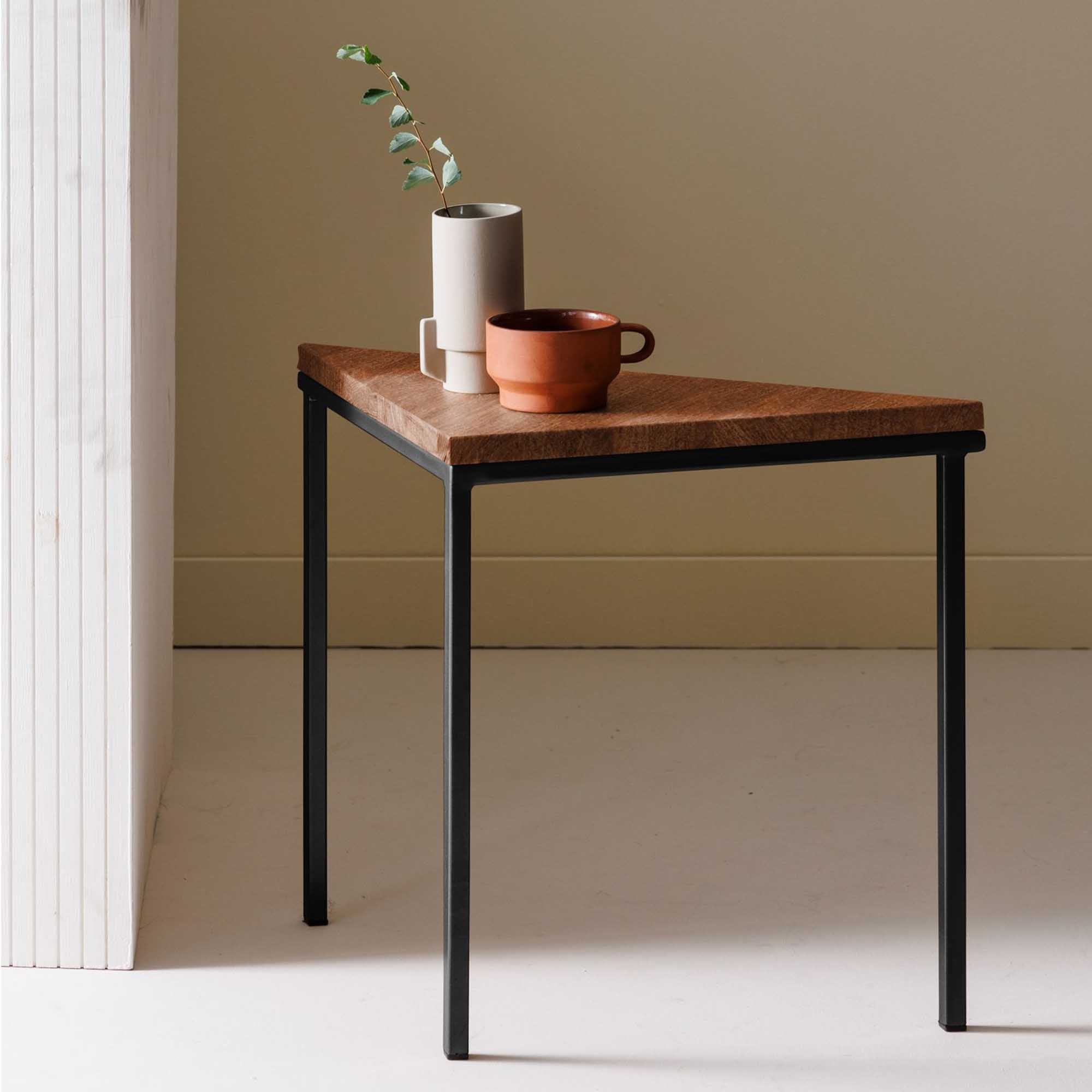Tripod Table, Beech Wood, Walnut Colour black frame, interior side view with vase and mug