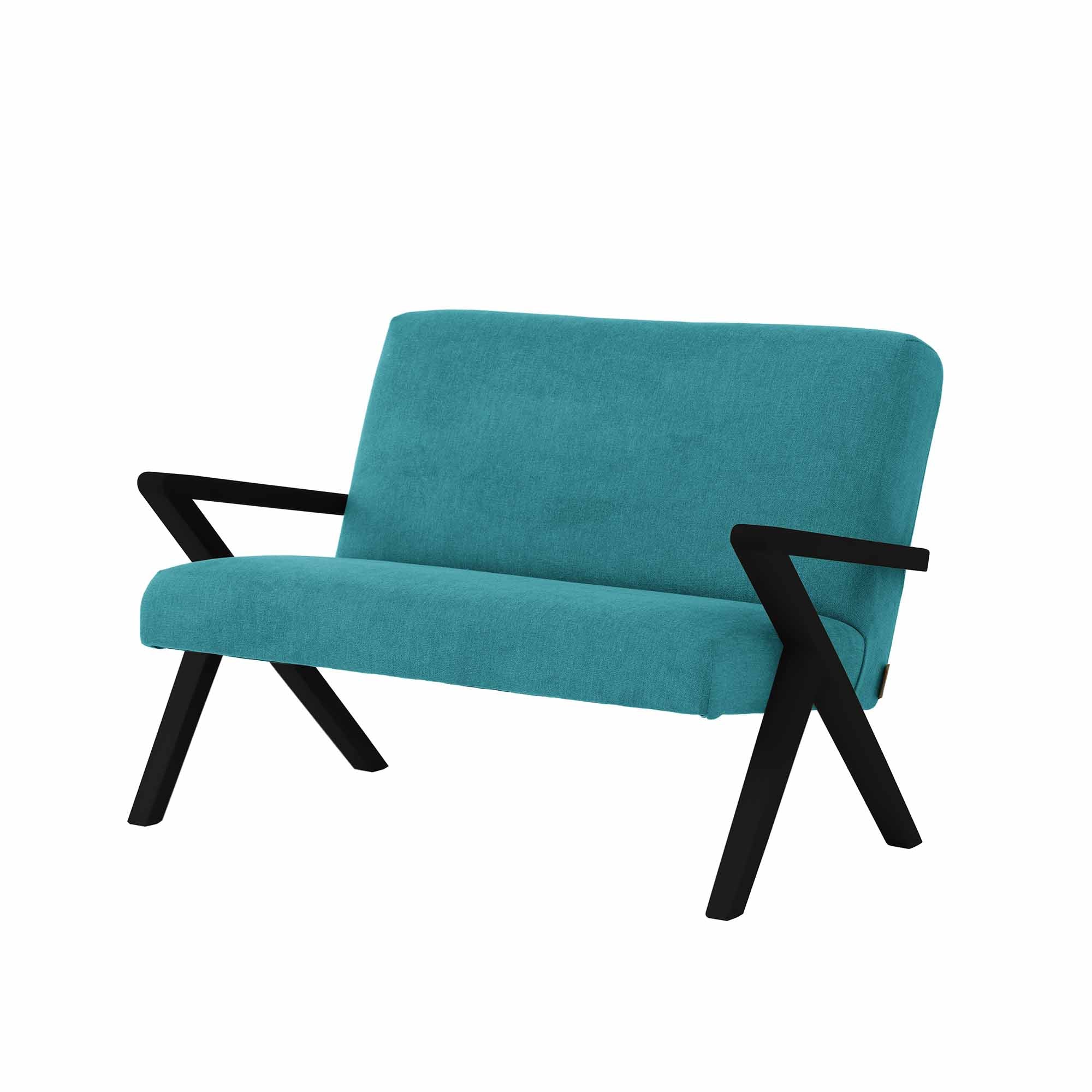  2-Seater Sofa, Beech Wood Frame, Black Lacquered blue fabric, half-side view