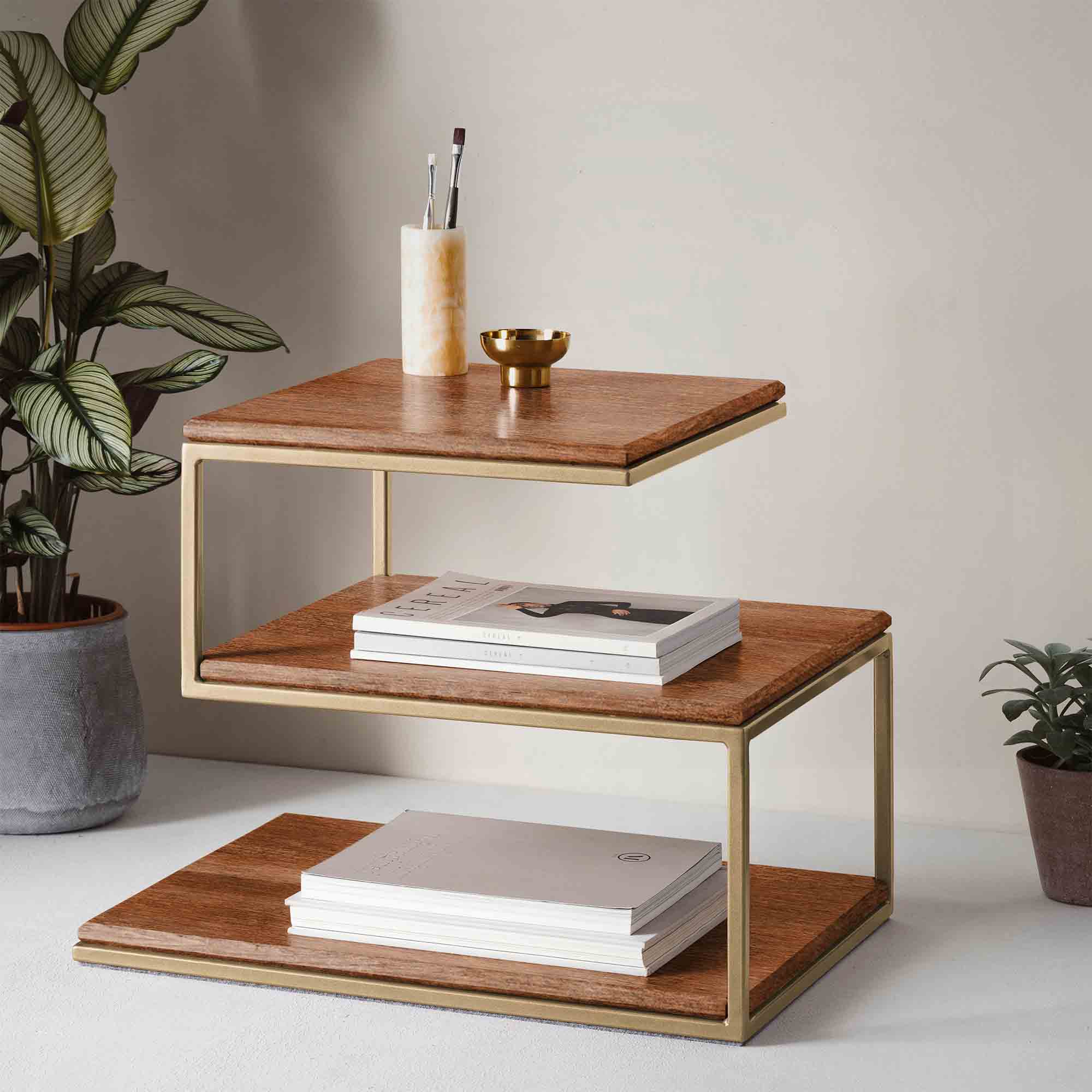 Layer Table, Beech Wood, Walnut Colour yellow frame, interior view, with books