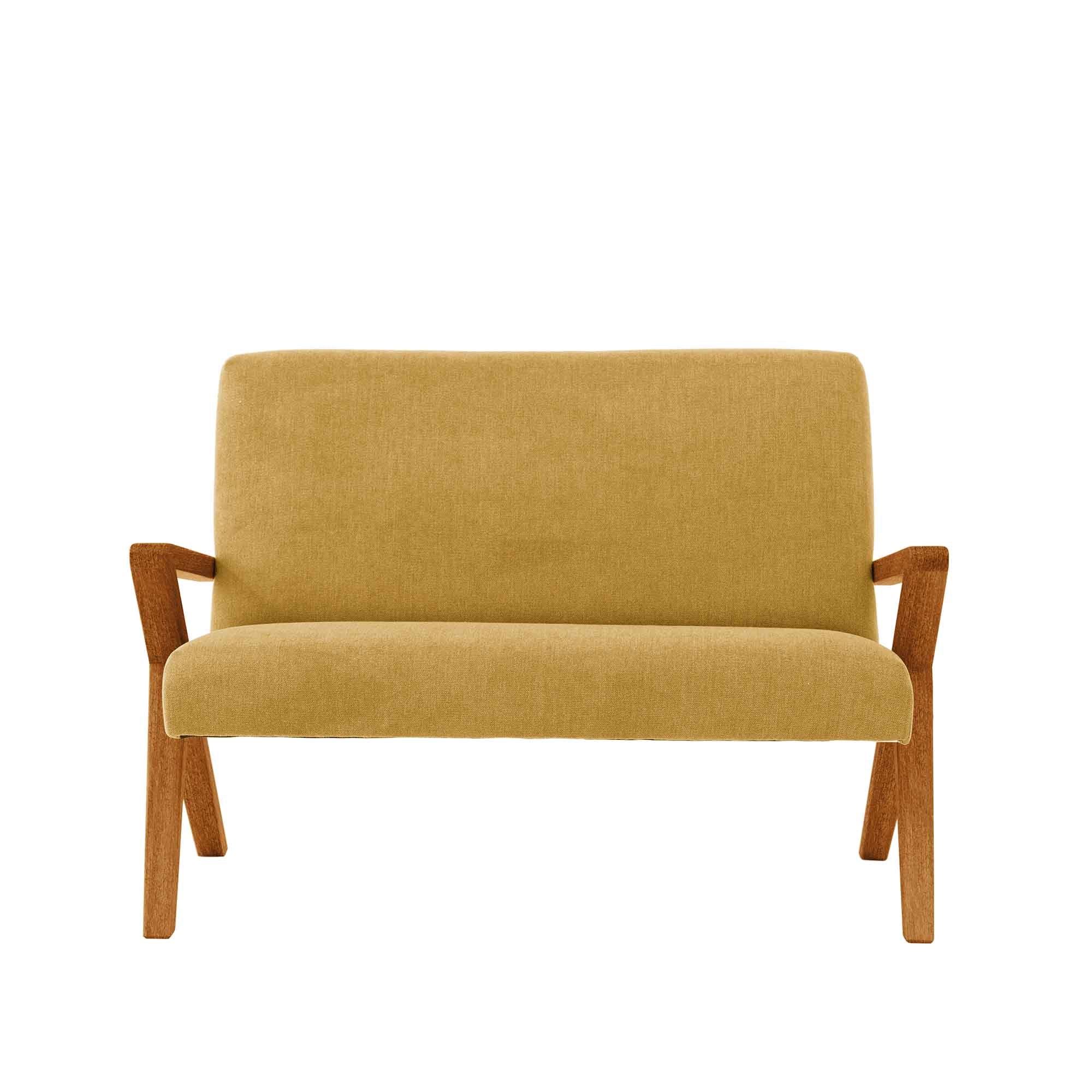 2 Seater Sofa, Beech Wood Frame, Oak Colour yellow fabric, front view