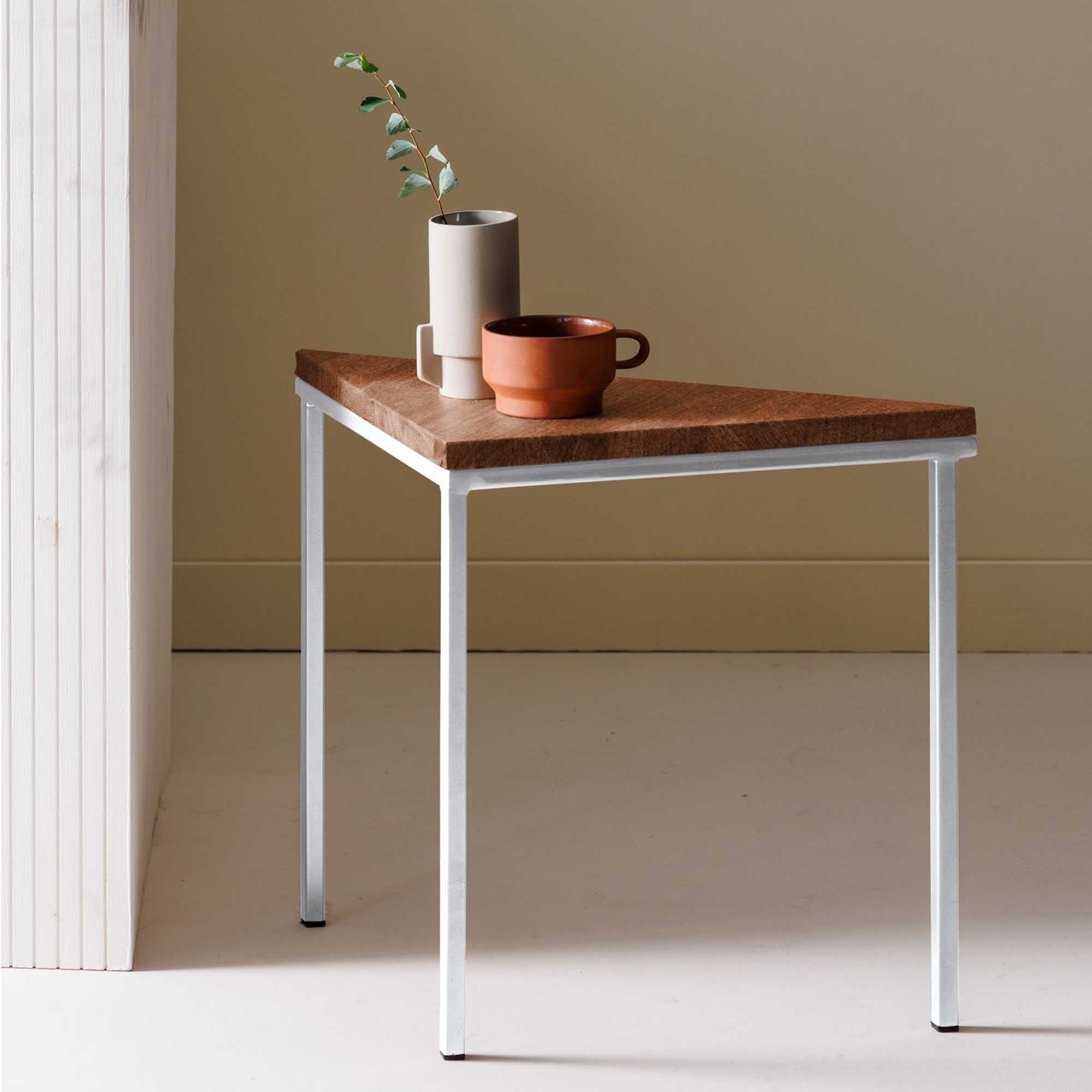 Tripod Table, Beech Wood, Walnut Colour white frame, interior view with vase and mug