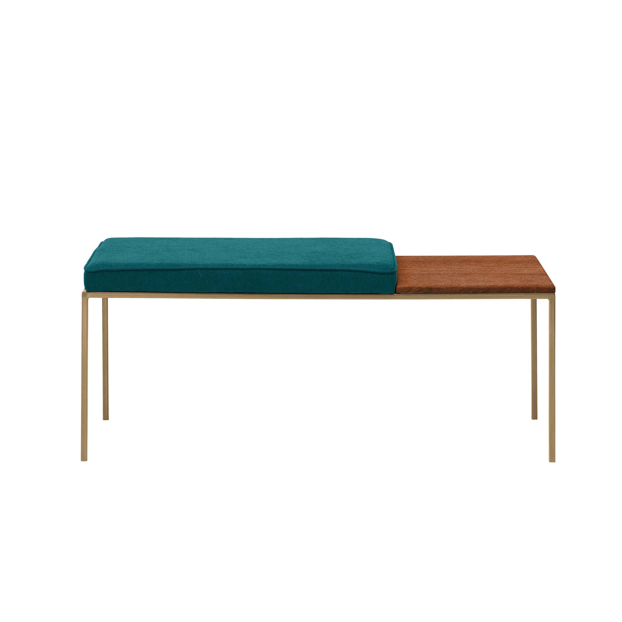 Beech Wood Seat, Walnut Colour blue fabric, yellow frame, front view