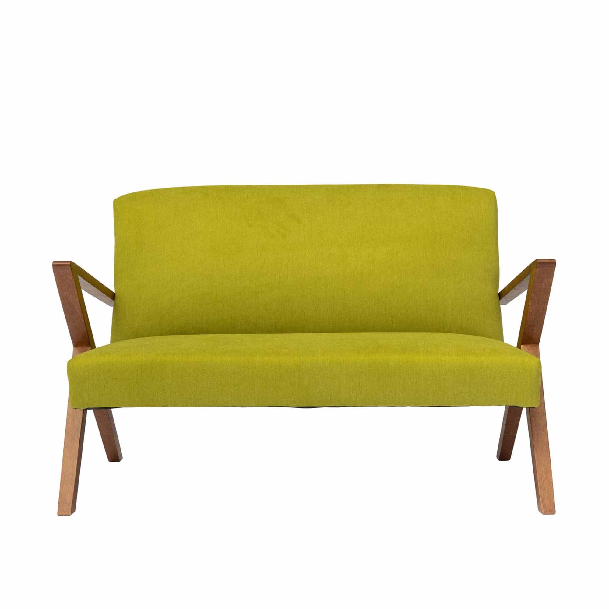  2-Seater Sofa, Beech Wood Frame, Walnut Colour, green fabric, front view