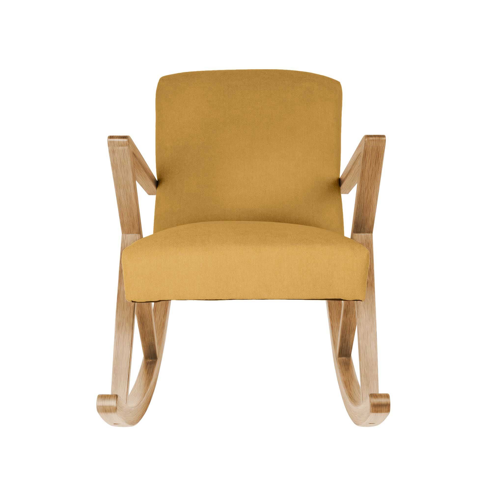 Rocking Chair, Oak Wood Frame, Natural Colour yellow fabric, front view