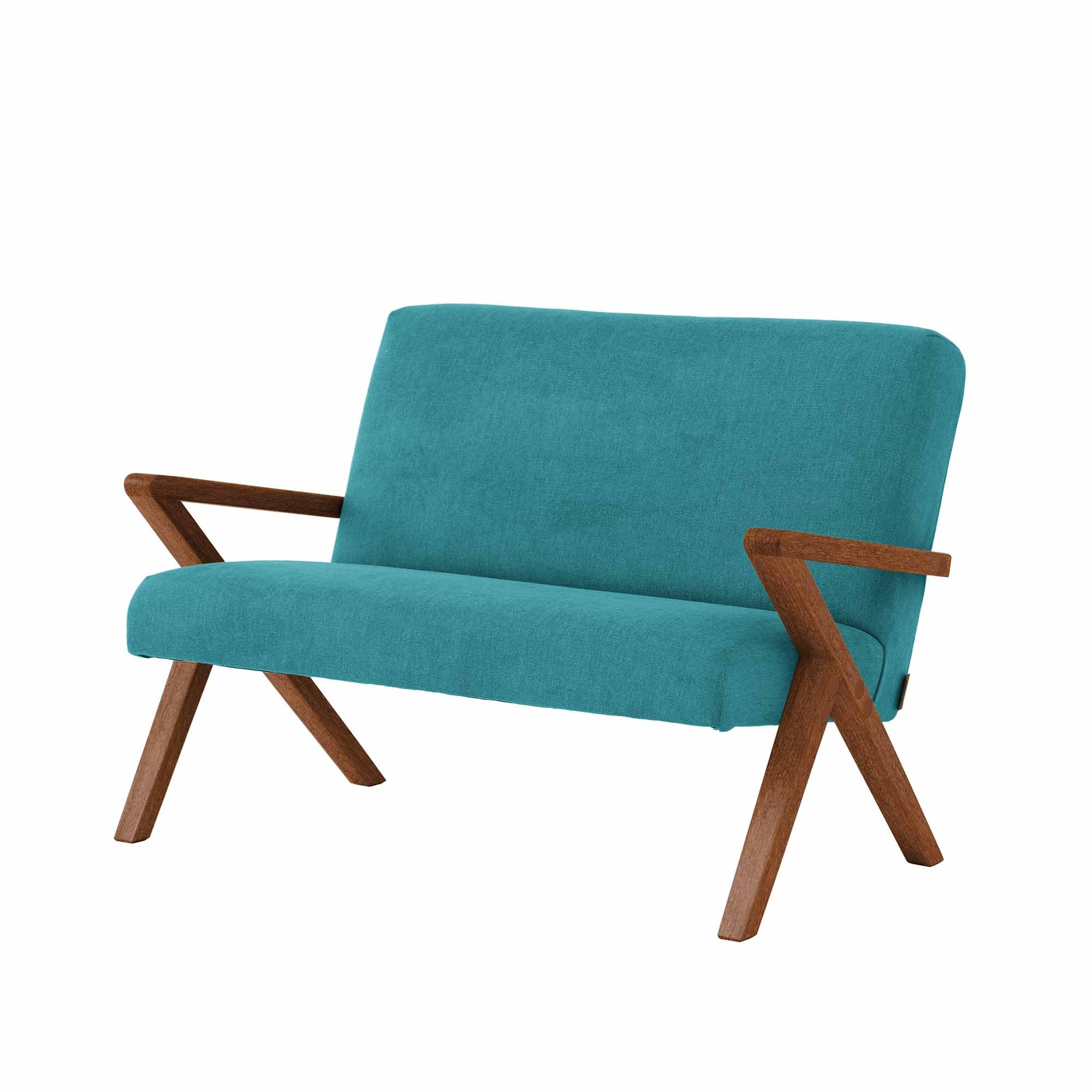 2 Seater Sofa, Beech Wood Frame, Walnut Colourblue fabric, half-side view