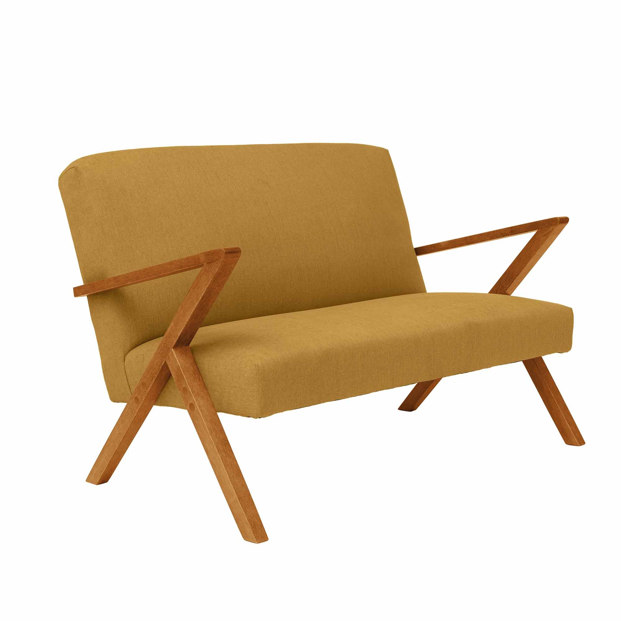 2-Seater Sofa, Beech Wood Frame, Oak Colour yellow fabric, half-side view