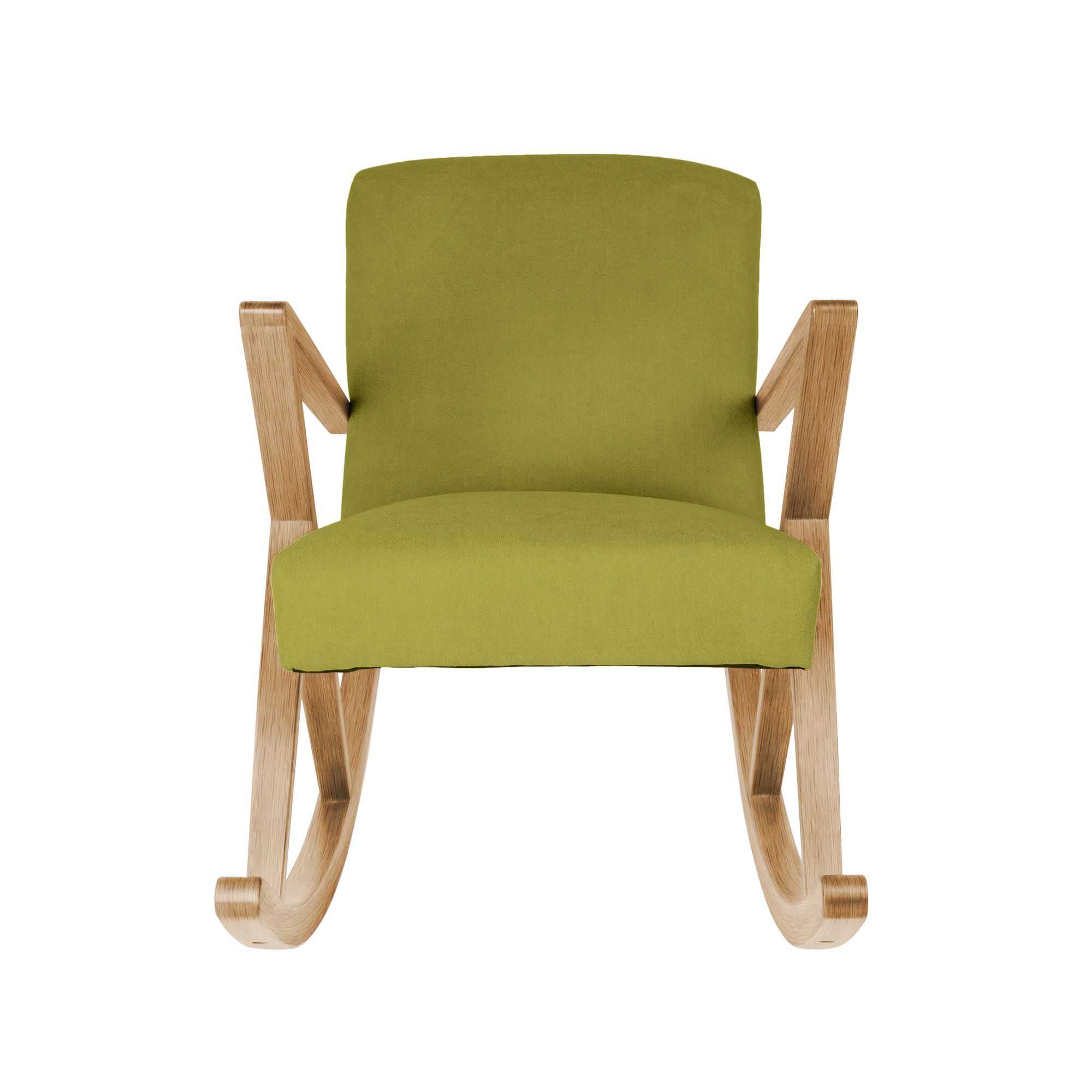 Rocking Chair, Oak Wood Frame, Natural Colour green fabric, front view