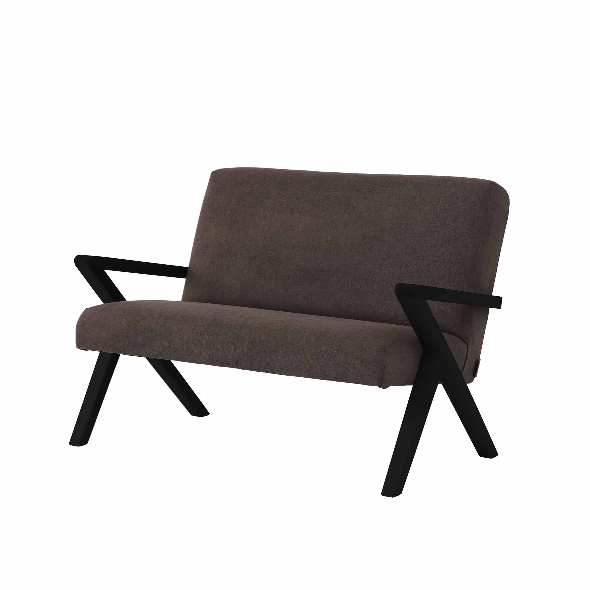  2-Seater Sofa, Beech Wood Frame, Black Lacquered brown fabric, half-side view