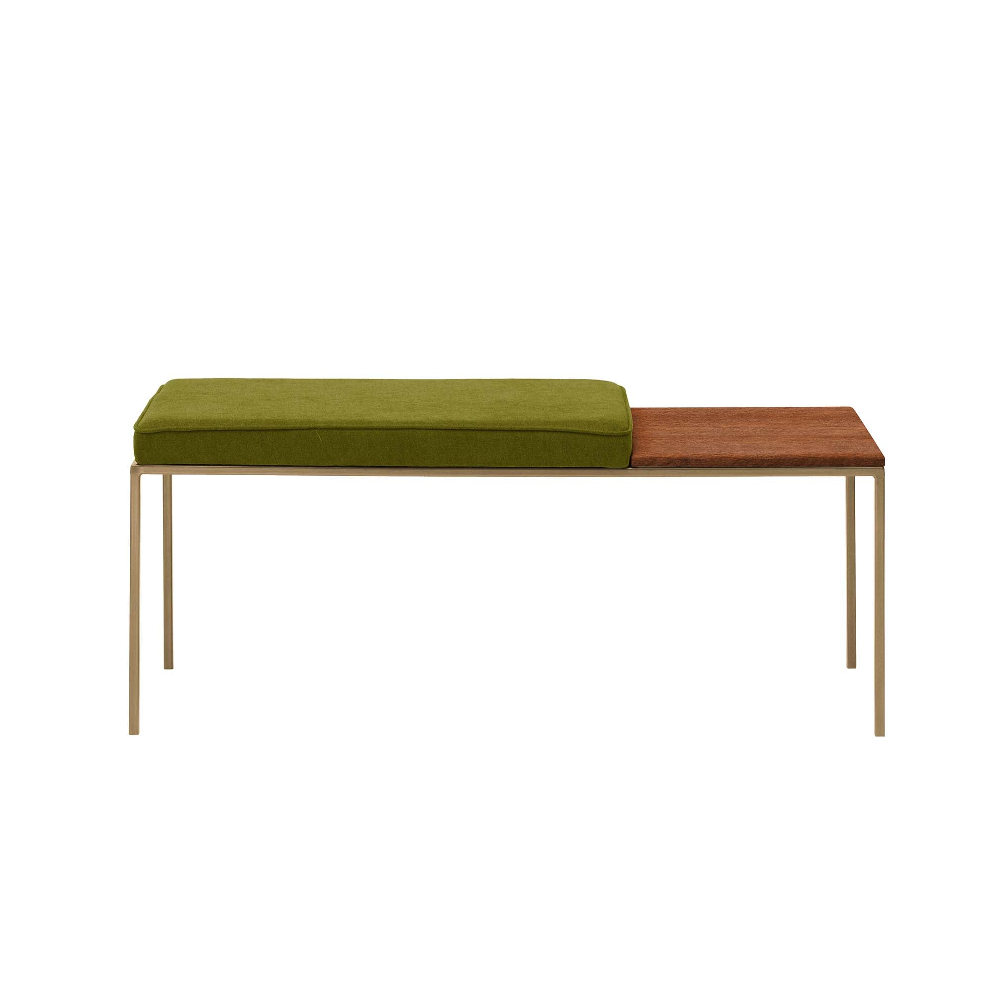 Beech Wood Seat, Walnut Colour green fabric, yellow frame, front view
