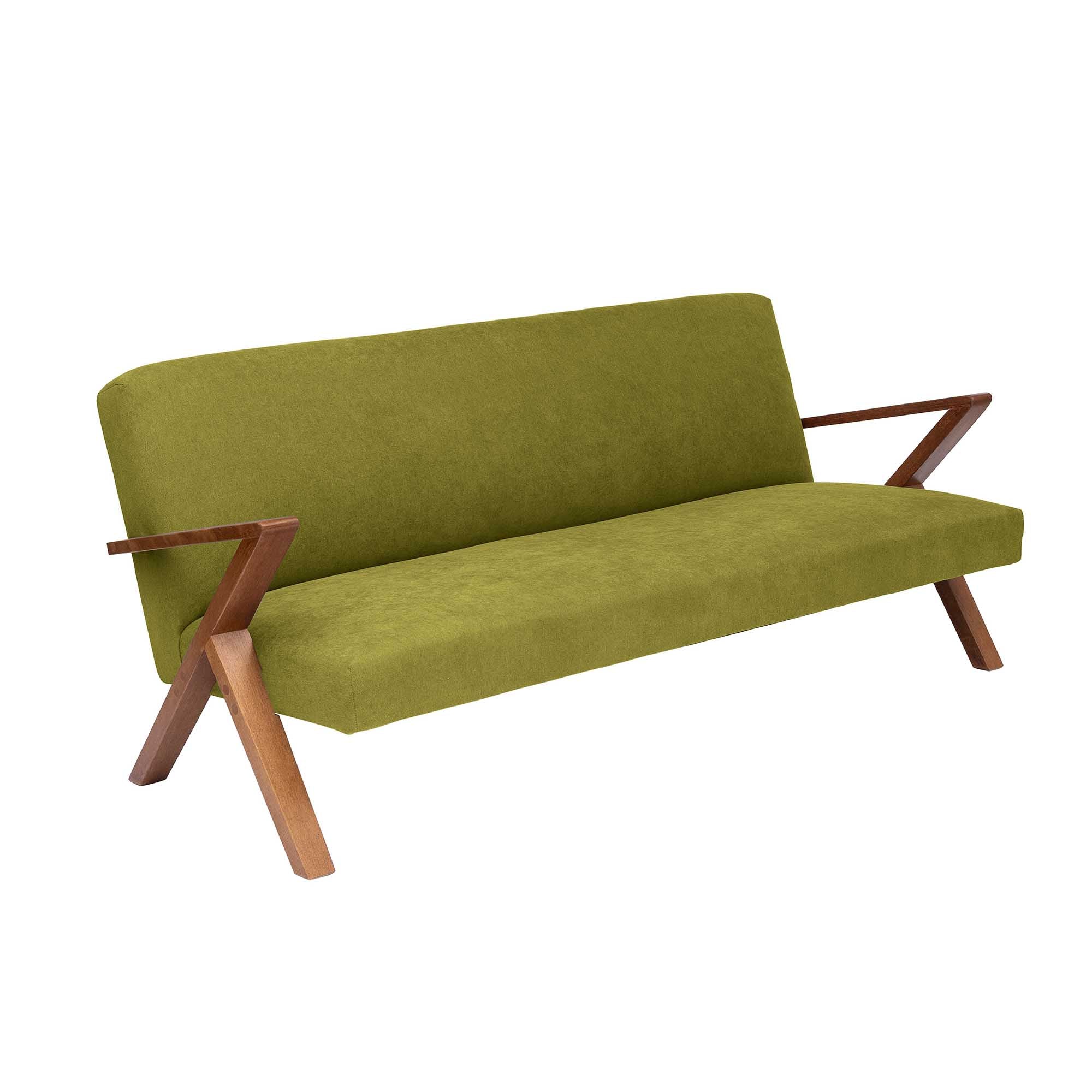  4-seater Sofa Beech Wood Frame, Walnut Colour green fabric,half-side view