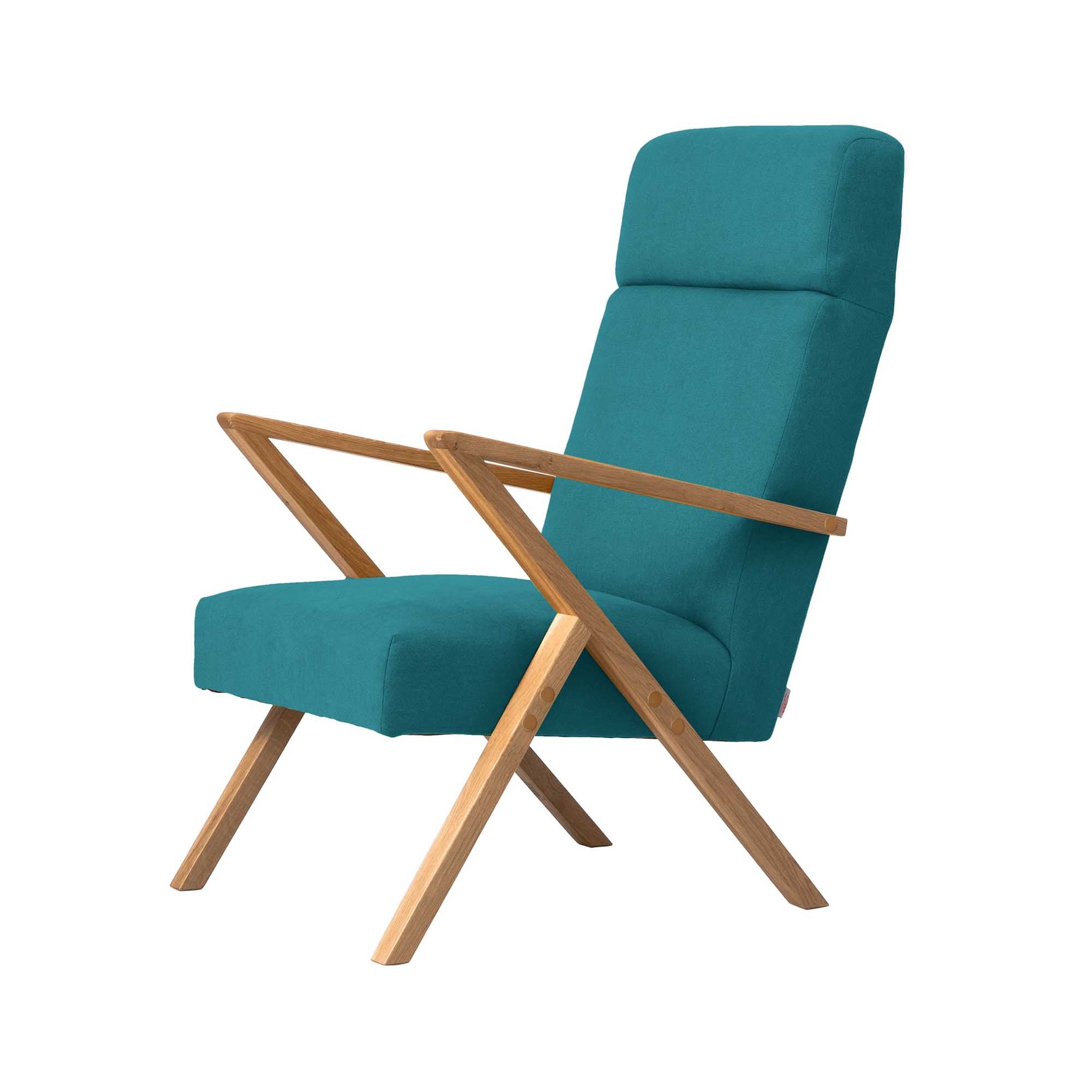 Lounge Chair, Oak Wood Frame, Natural Colour blue fabric, left side view