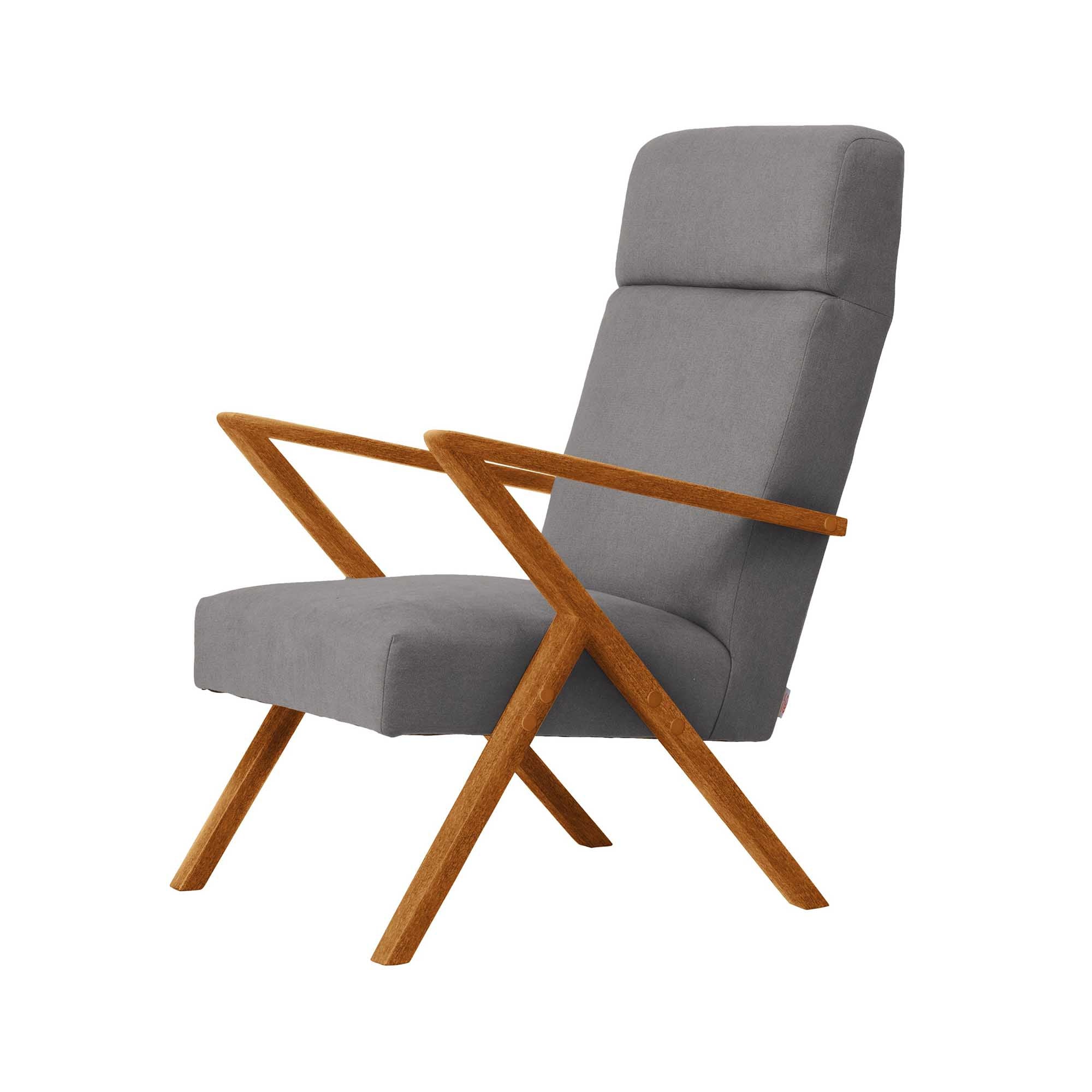 RETROSTAR Lounge Chair, Beech Wood Frame, Oak Colour grey fabric, left-side view