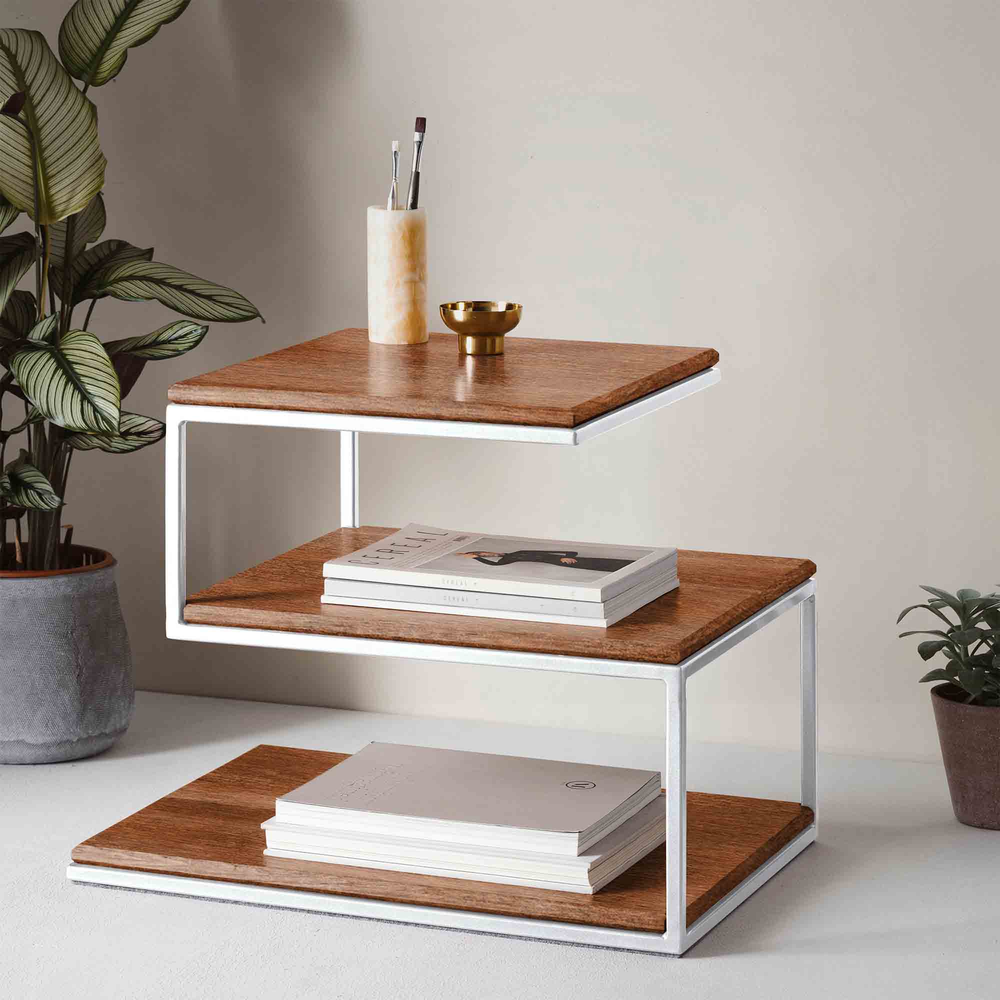 Layer Table, Beech Wood, Walnut Colour white frame, side interior view with books